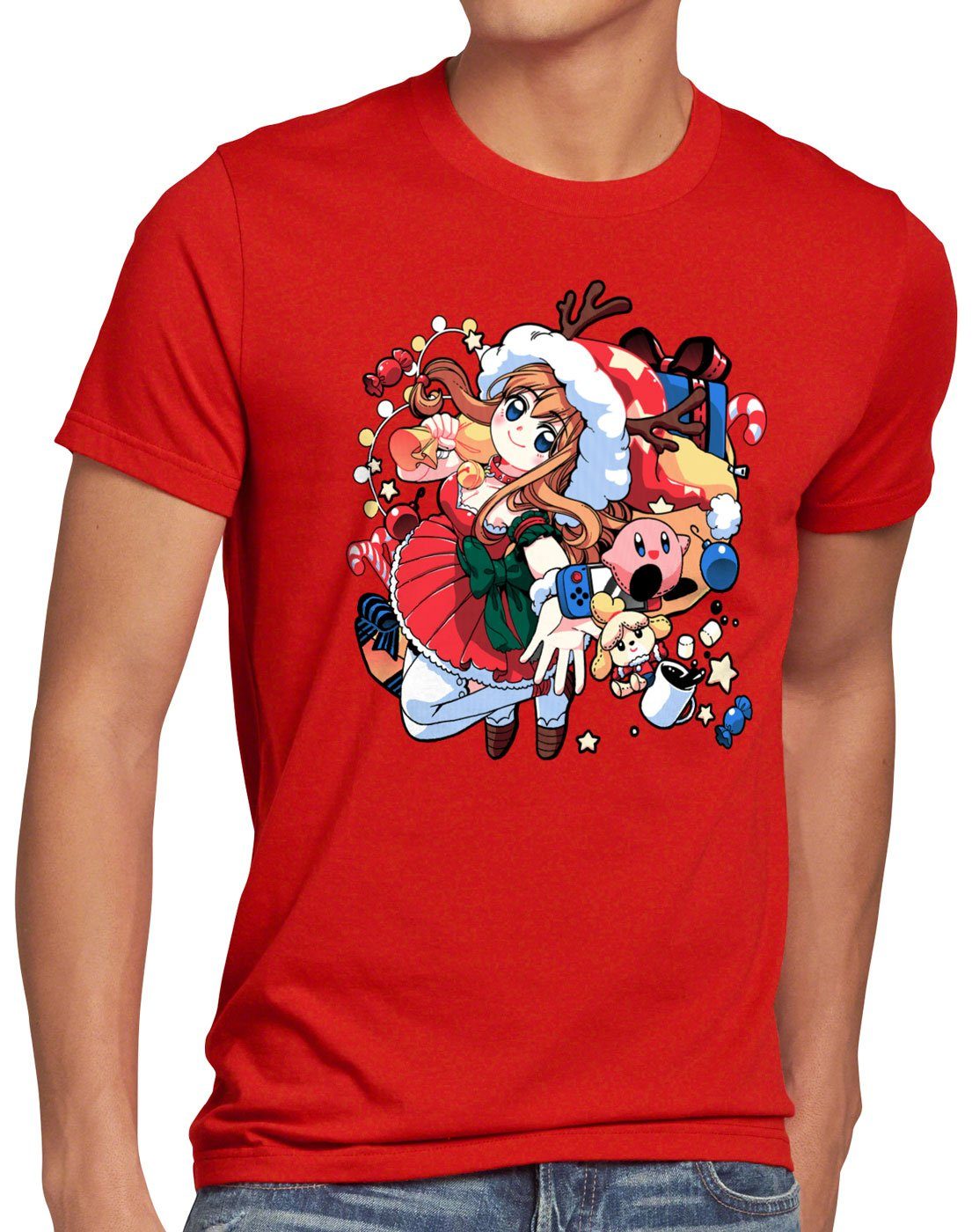 style3 Print-Shirt Herren T-Shirt X-mas Gamer Girl Ugly Sweater pulli weihnachtsbaum rot