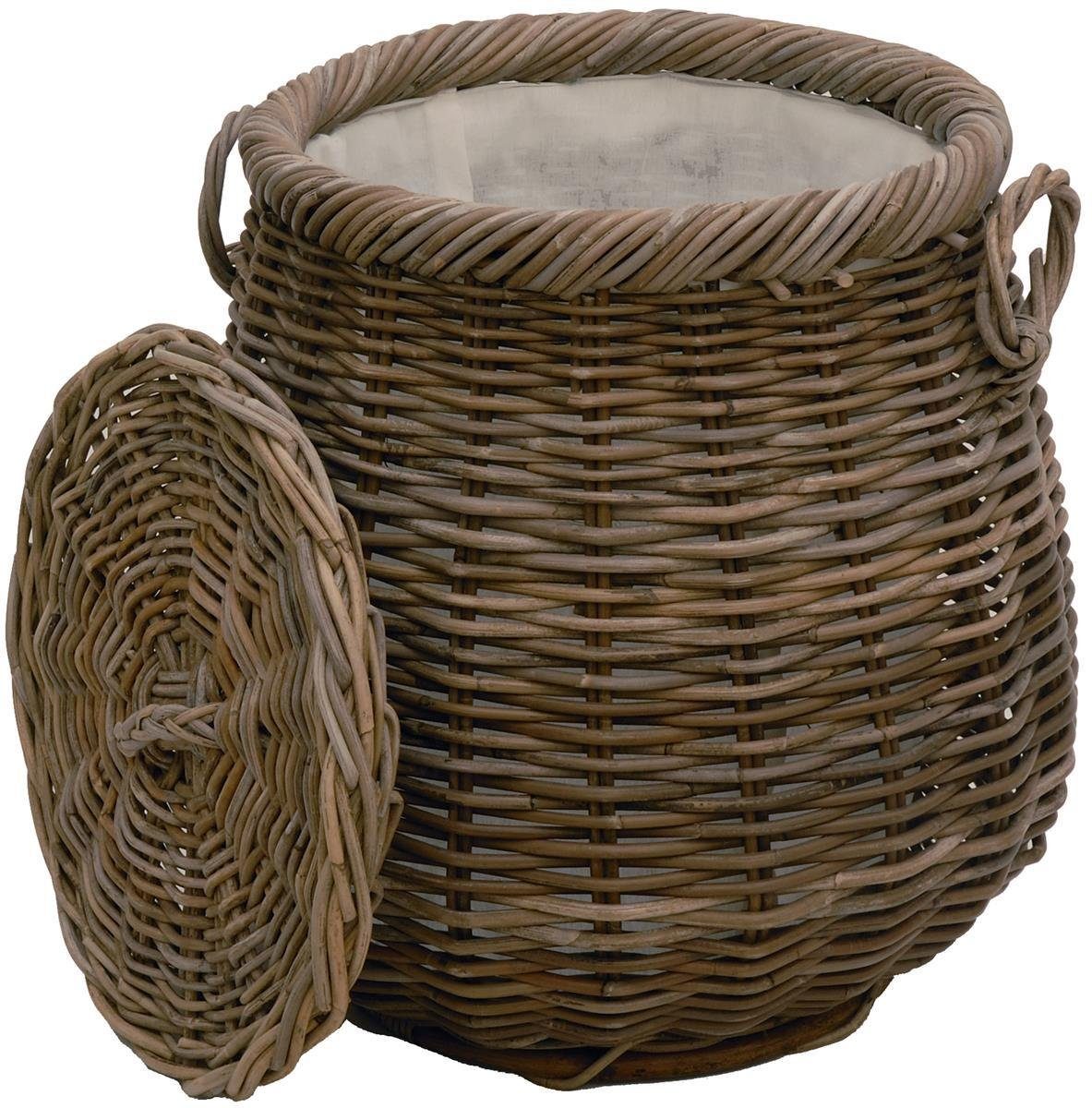Krines Home Flechtkorb Geräumiger Wäschekorb, Wäschetonne Ø 50cm bauchig aus echtem Rattan, große Wäschetonne