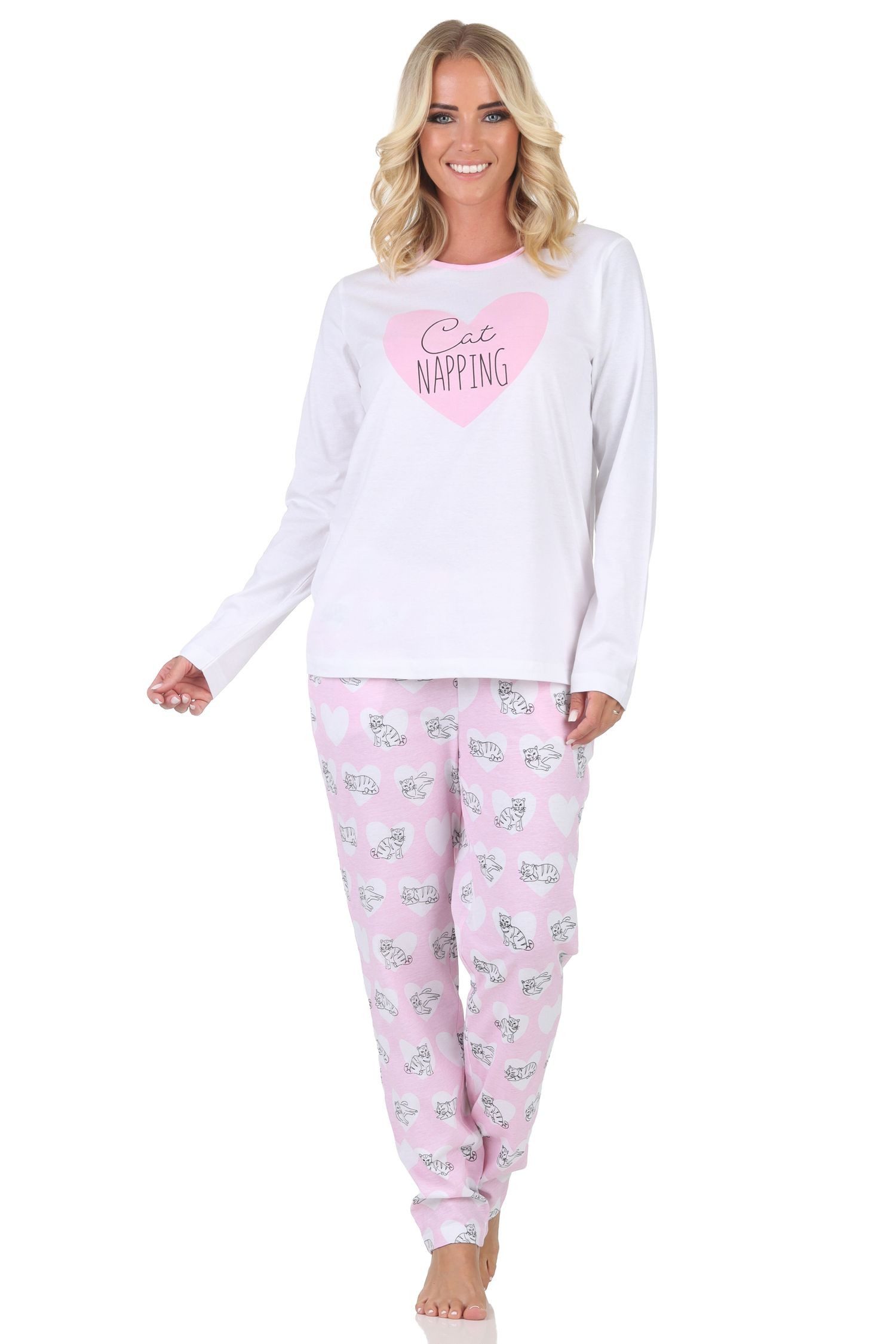 Pyjama Normann Damen langarm Schlafanzug Pyjama mit Herz und Katzenmotiv