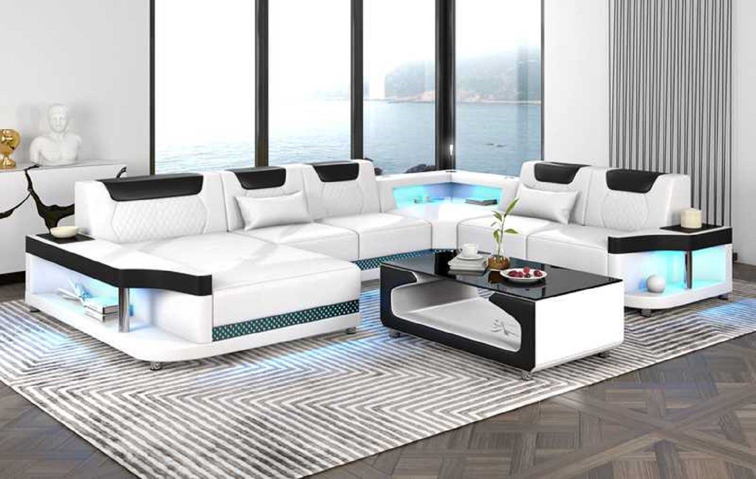 JVmoebel Ecksofa Großes Sofa Wohnlandschaft LED XXL U Form Ecksofa Luxus, 4 Teile, Made in Europe Weiß