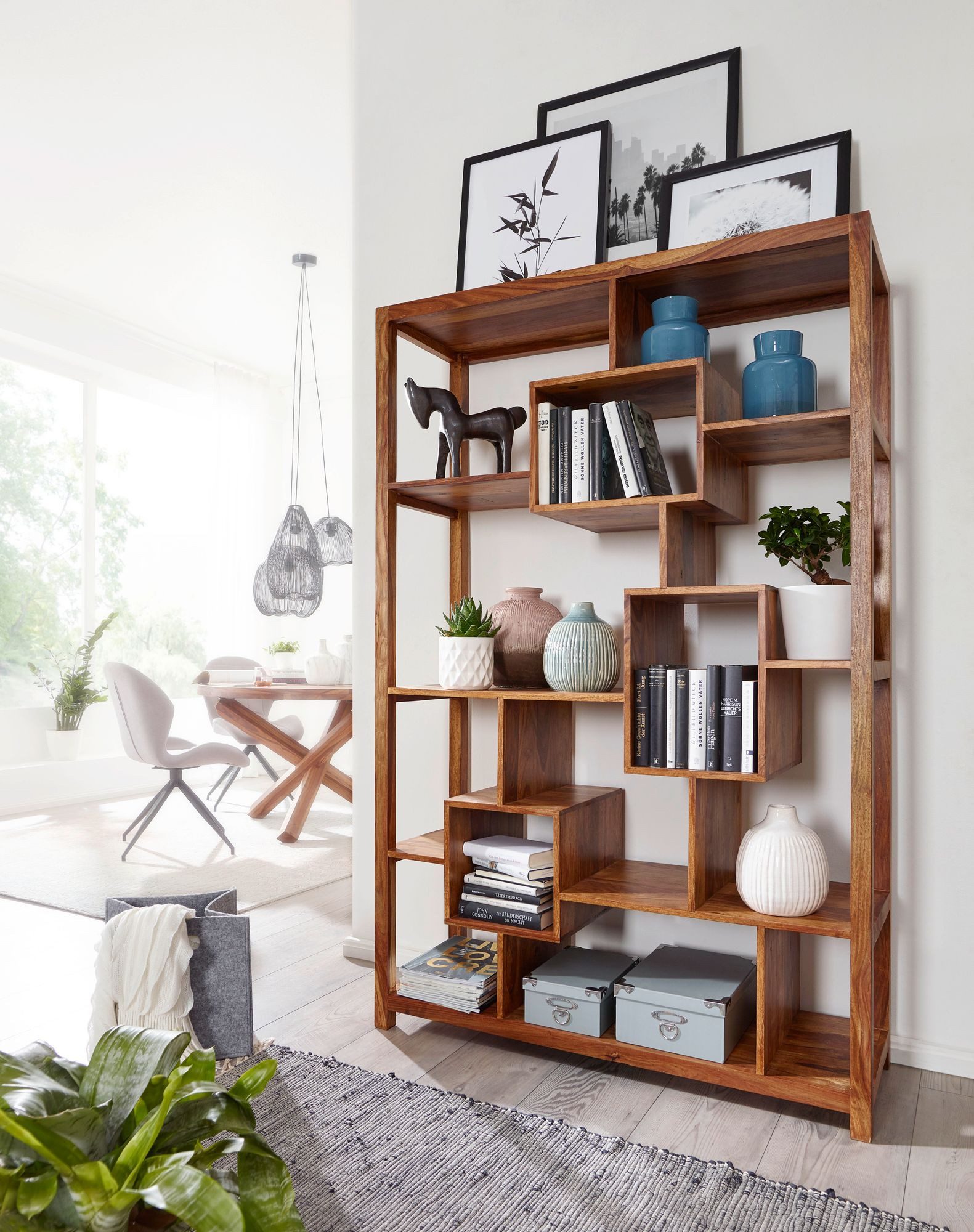 furnicato Bücherregal Standregal 180x115x40 cm Massivholz, Walnuss Finish, 1-tlg., Handgefertigtes Bücherregal mit 3 Cubes für dein Wohnzimmer