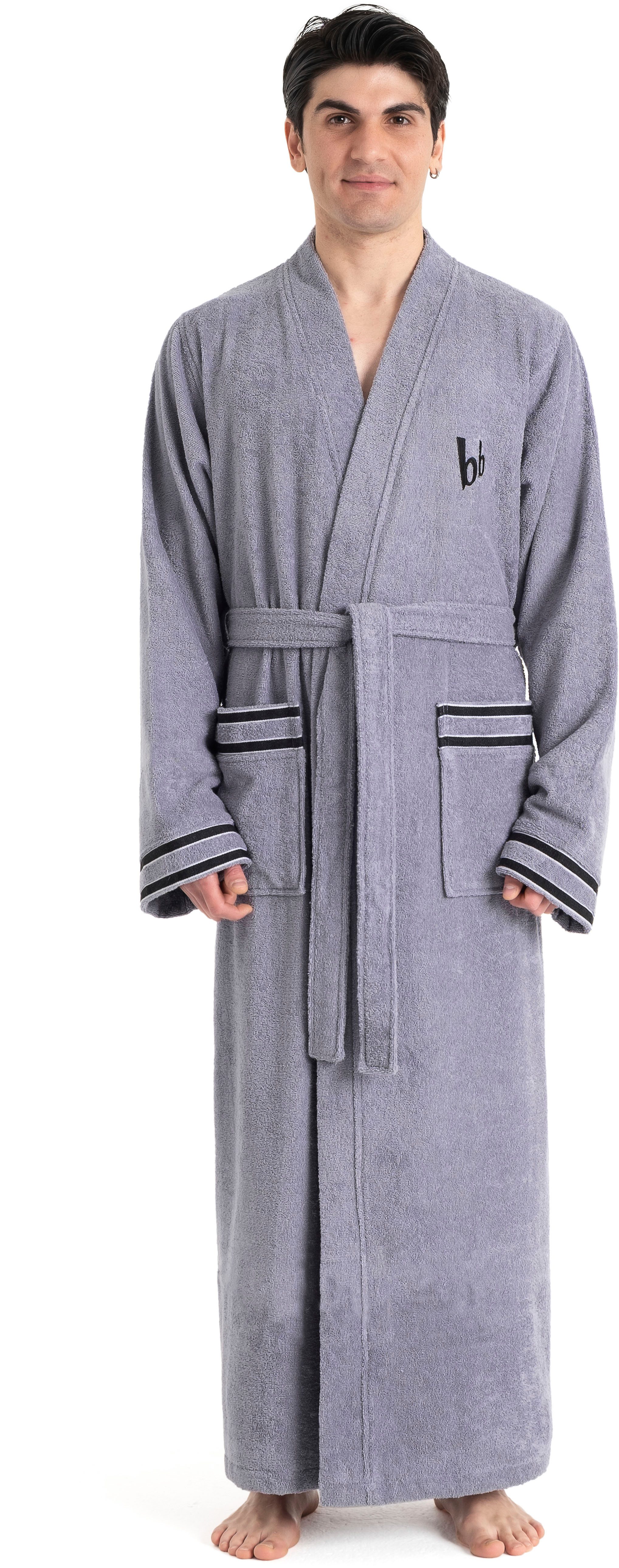 Bruno Banani Herrenbademantel Roy, ideal für Sauna & Spa, Standardlänge & Überlänge, Langform, Walkfrottee, Kimono-Kragen, Gürtel, farblich abgesetzten Streifen, Bademantel, S-3XL, auch in extra lang