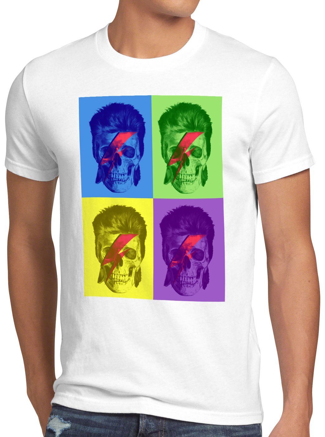 style3 Print-Shirt Herren T-Shirt Bowie Skull turntable retro pop-art warhol weiß