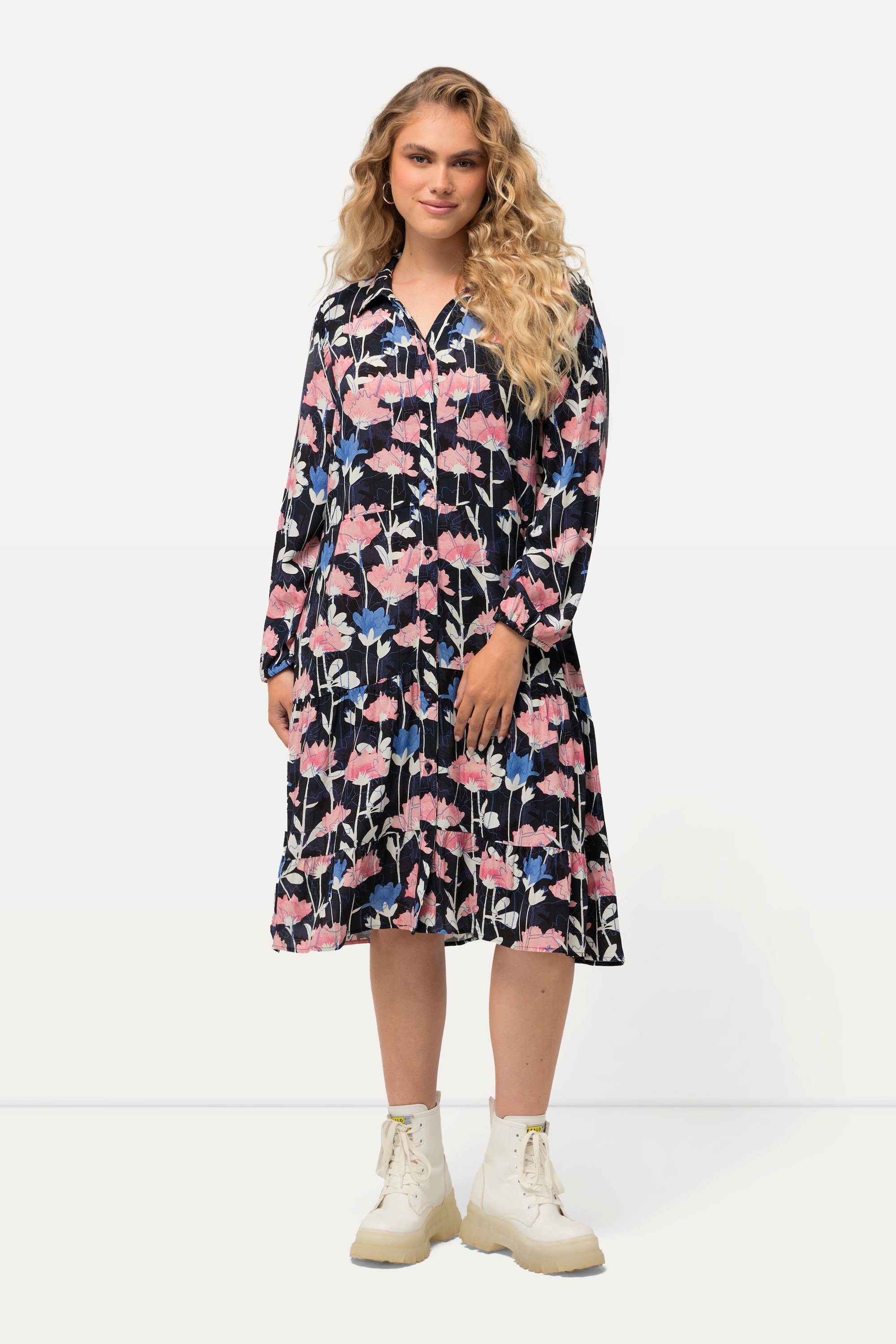 Hemdblusenkleid Midikleid Aquarellblumen Hemdkragen Langarm