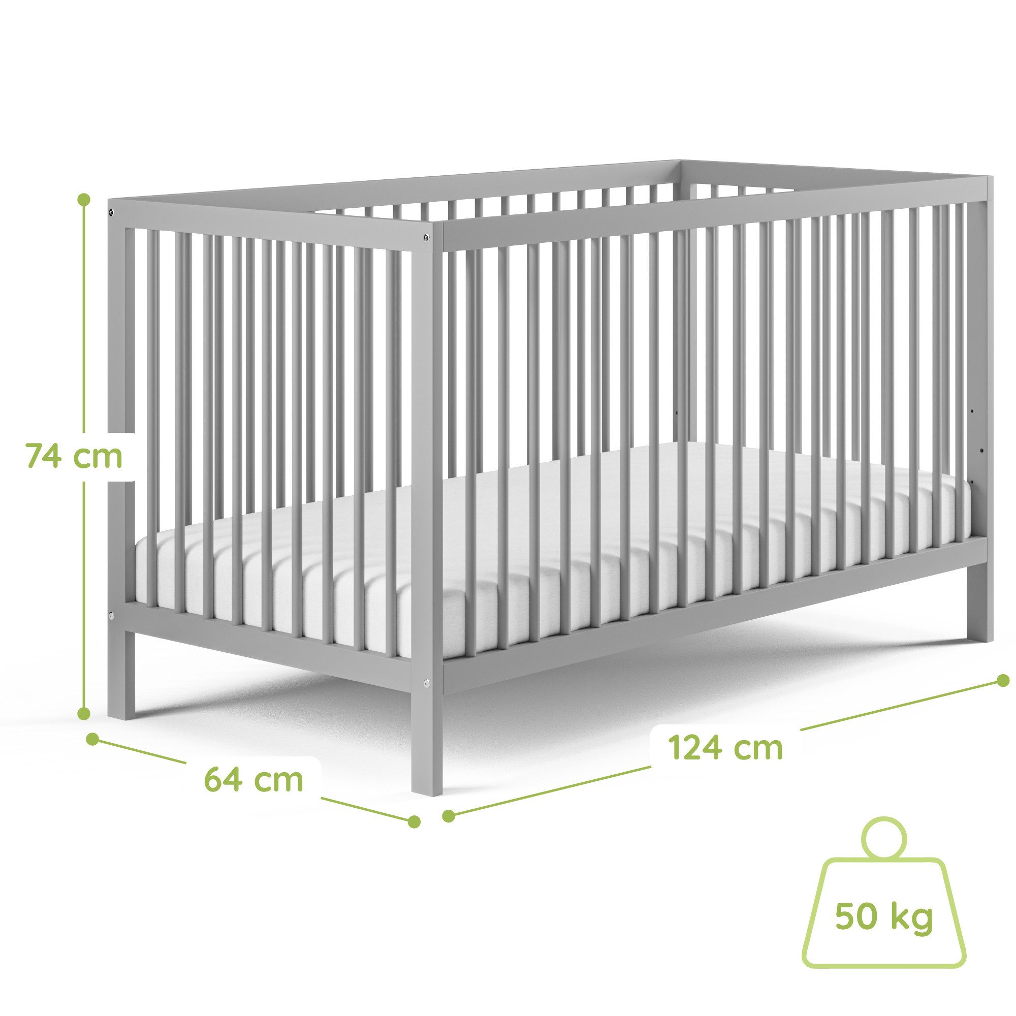 Kids Collective Kinderbett Babybett Gitterbett 60x120 und 70x140 cm herausnehmbare Sprossen (mit Lattenrost und herausnehmbaren Sprossen ab Geburt bis zum 3. LJ), 60x120 cm in grau