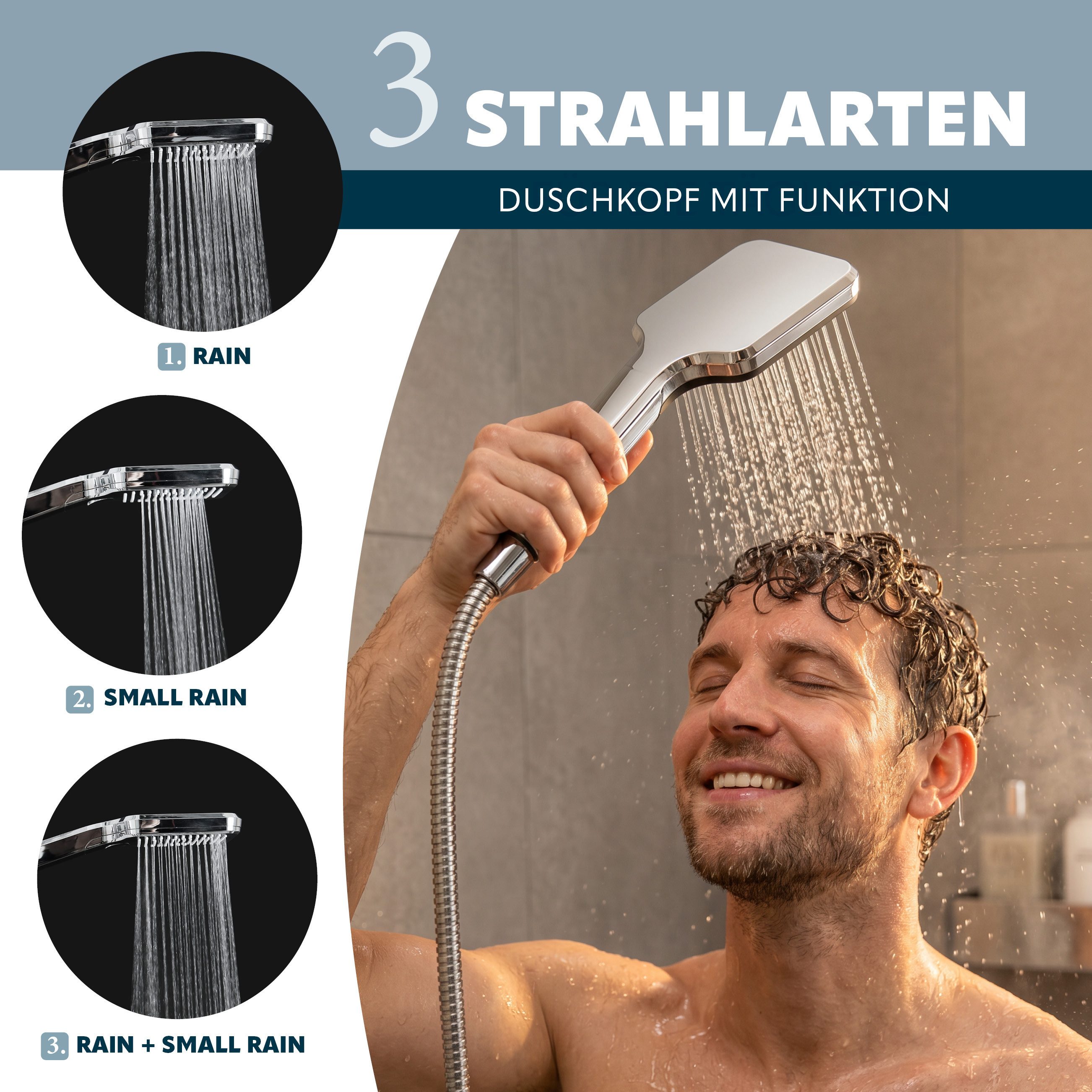 eluno Handbrause inkl. Brauseschlau und Wandhalterung, (3-tlg., Handbrause, Brauseschlauch, Wandhalterung), Wandhalterung zum Kleben