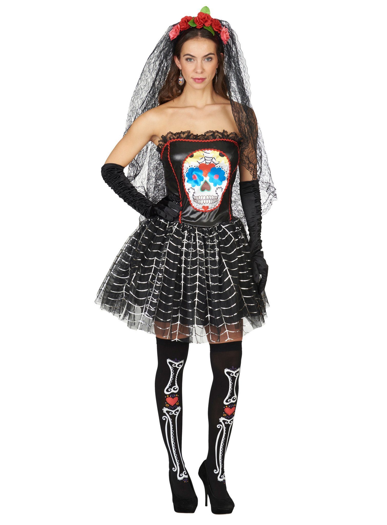 Metamorph Kostüm Sugar Skull - Halloween Skelett Kleid Kostüm Damen, Dia de los Muertos-Kleid mit buntem Schädel-Aufdruck