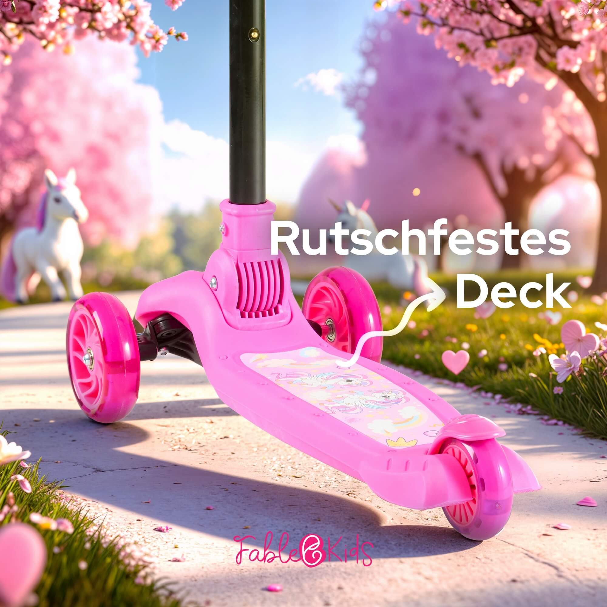 FableKids Tretroller Cityroller Kickroller, LED-Räder, Tritt-Bremse, bis 50 kg belastbar,  faltbar  höhenverstellbar Rücktrittbremse