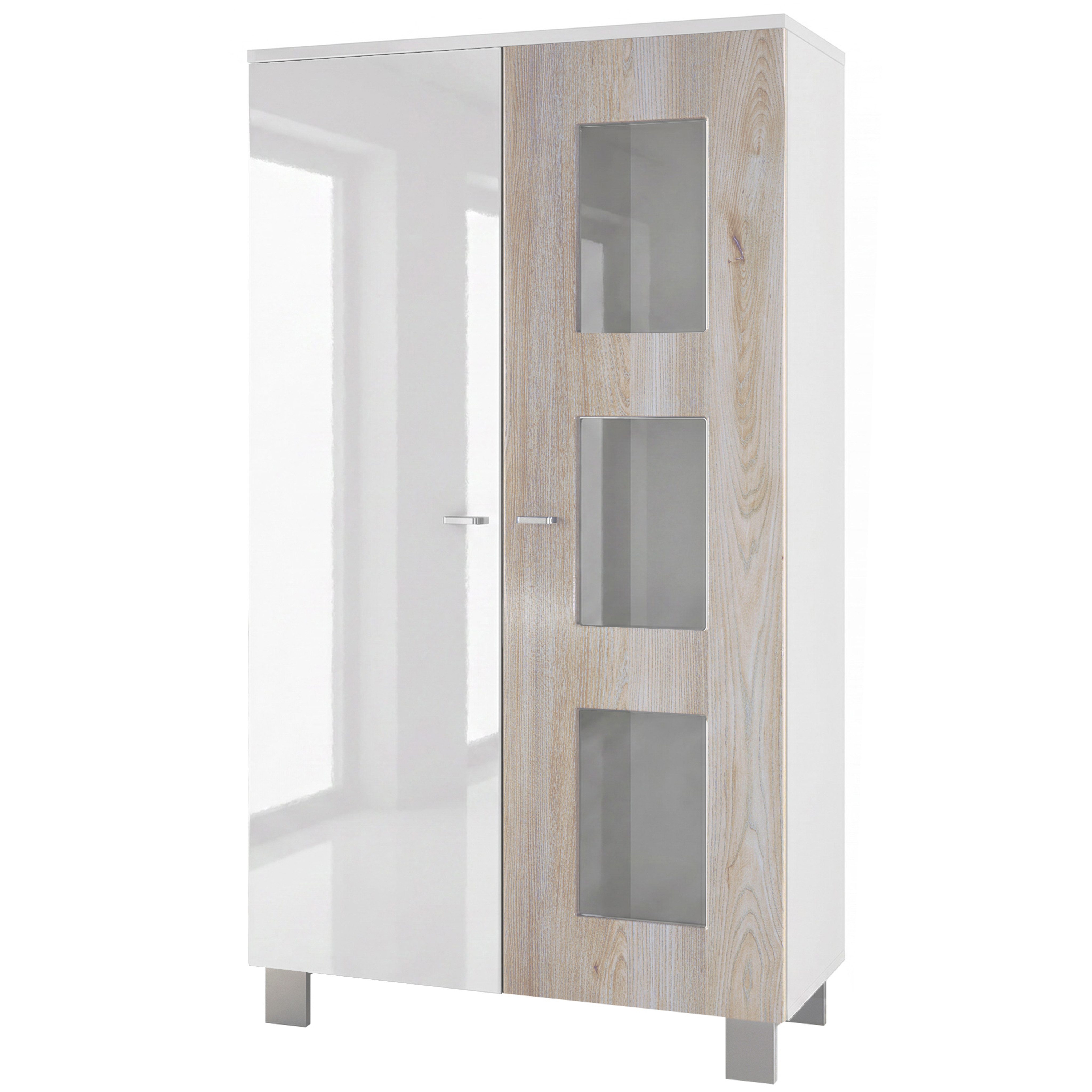 Vladon Standvitrine Denjo (Standvitrine, mit 2 Türen und 3 Glaseinsätzen) Weiß matt/ Weiß Hochglanz/ Eiche Nordic (71 x 129 x 35 cm)