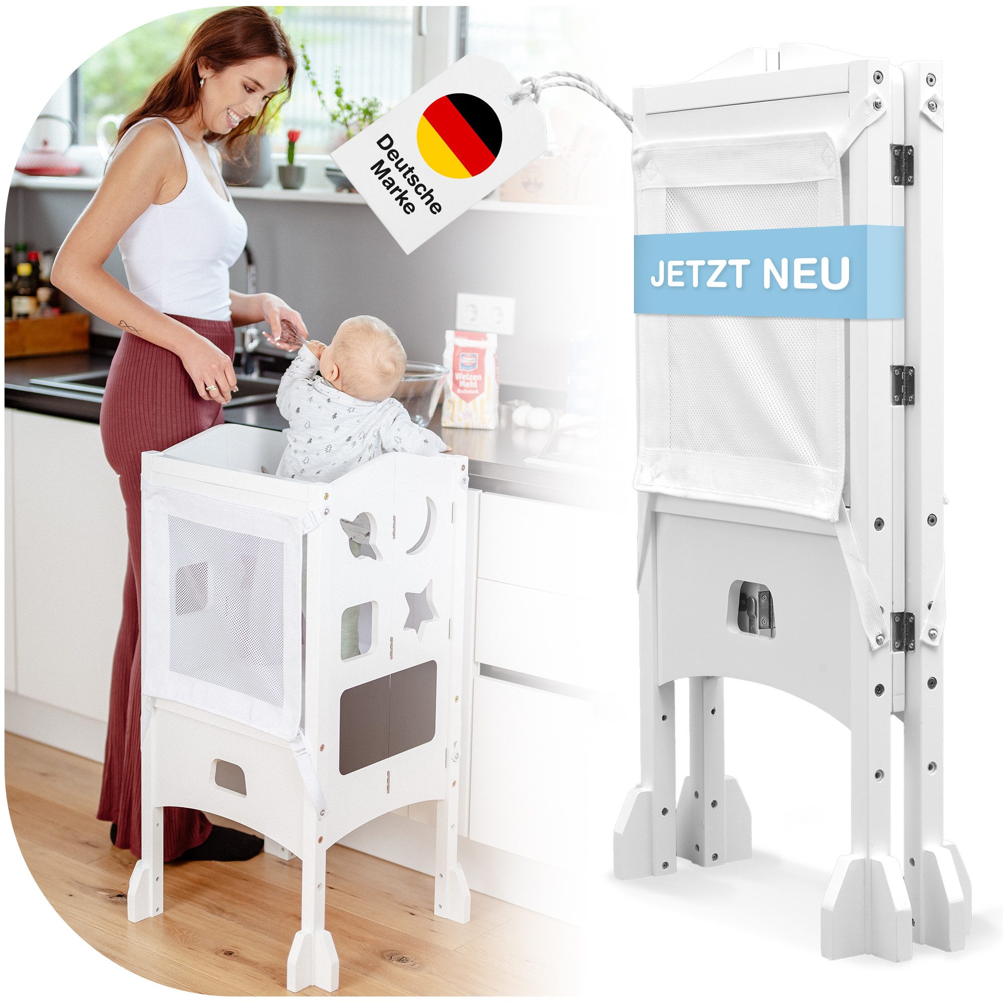 BabyBeFun Stehhilfe Lernturm ab 1 Jahr - [Extra Sicher] klappbar inkl. Sicherheitsnetz, 360° Schutz durch Sicherheitsnetz, Klappbar, Extra Sicher und Stabil