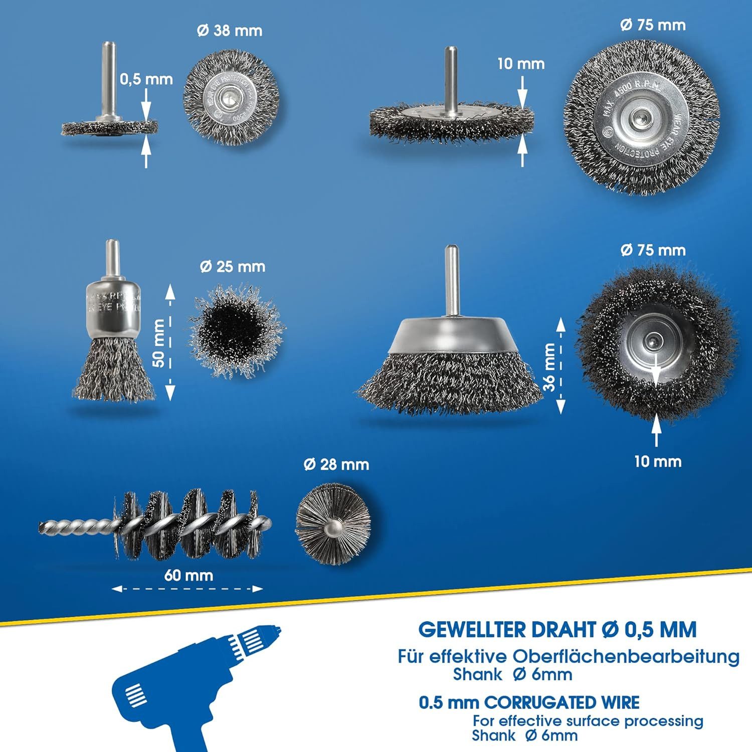 S&R Drahtbürste Set für Bohrmaschinen, gewellter Stahldraht - Rundschaft 6mm, Winkelschleifer, Flex, (Set 5 tlg, 5-tlg., Scheiben-, Topf-, Pinsel- und Zylinders – Bild 3 von 5