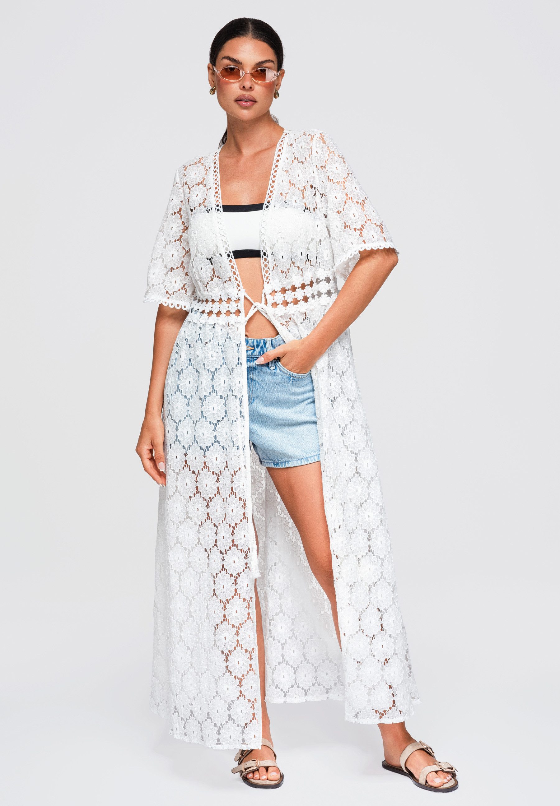 OMBRE Cardigan Damen Cardigan mit V-Ausschnitt und lockerer Passform Weiß M/L (kein Set, 1-tlg) semi-sheer