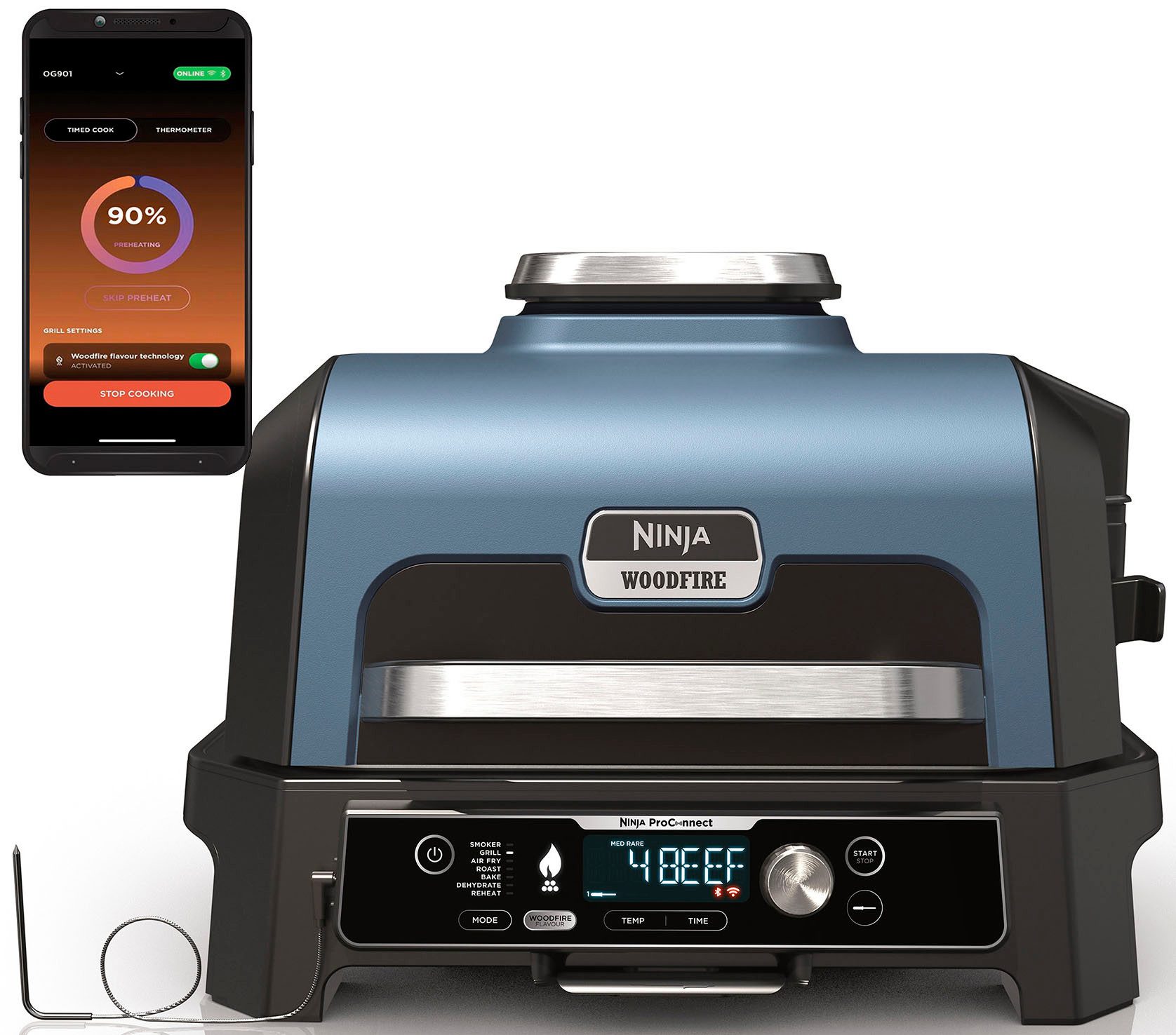 NINJA Tischgrill Woodfire Pro Connect XL OG901EU, 1700 W, Elektrischer Outdoor Grill & Smoker