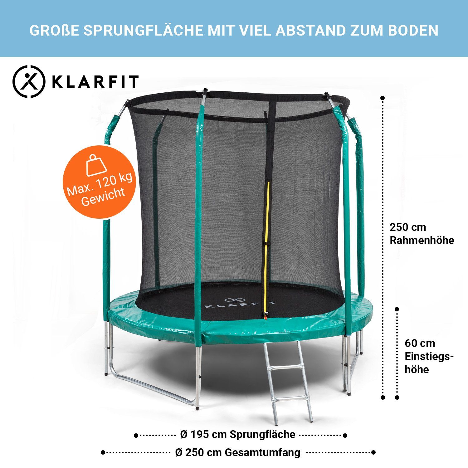 KLARFIT Fitnesstrampolin Jumpstarter, Ø Gartentrampolin Trampolin Kinder Outdoor zuhause 250 cm, Kinder Trampolin für