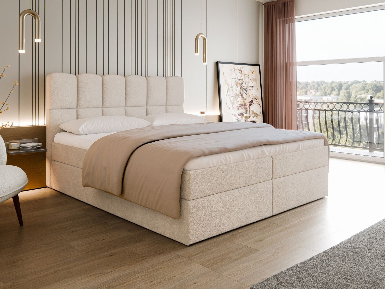Compleo Boxspringbett mit hohem Kopfteil " ARIO" Bonellfederkernmatratze H3 (Wolkenbett-Design), 120x200 140x200 160x200 180x200 200x200cm