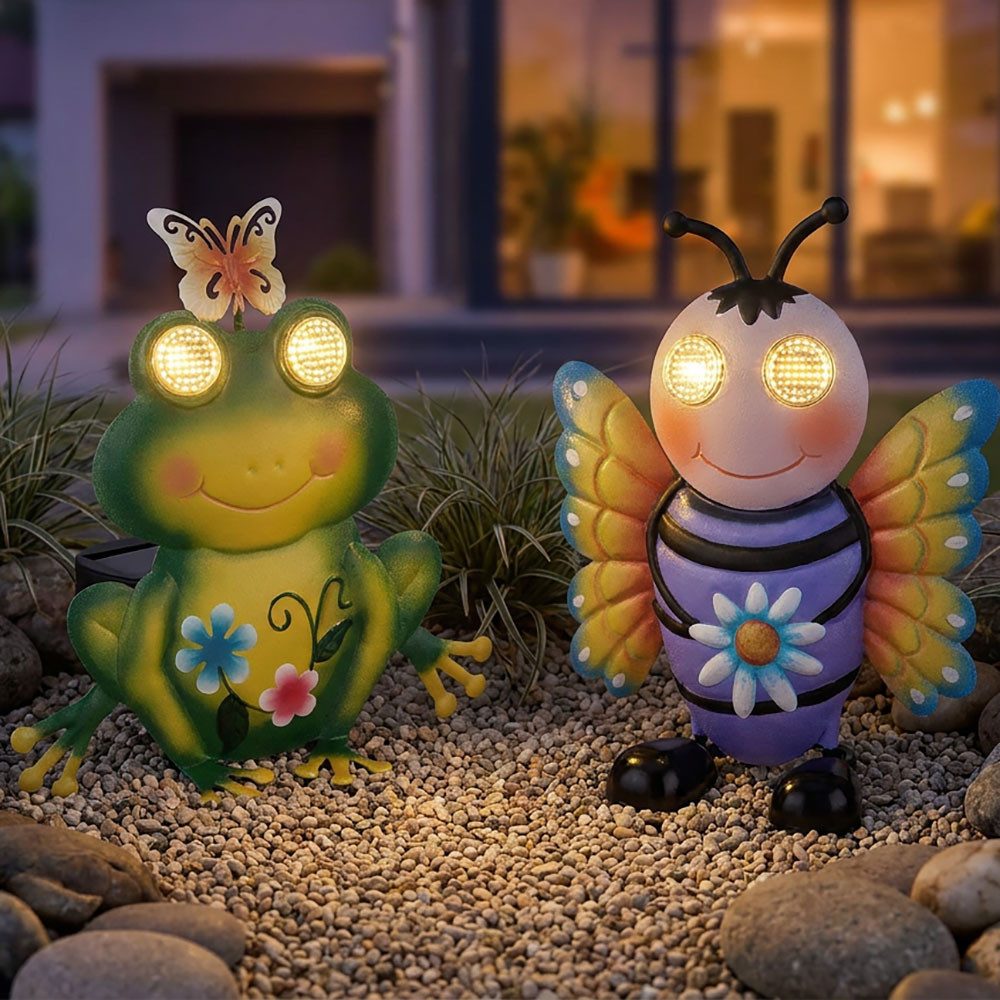 GLOBO LIGHTING LED Solarleuchte, LED-Leuchtmittel fest verbaut, Warmweiß, 2x LED Solarleuchte Außenleuchte bunt Biene Frosch-Design H 22 cm