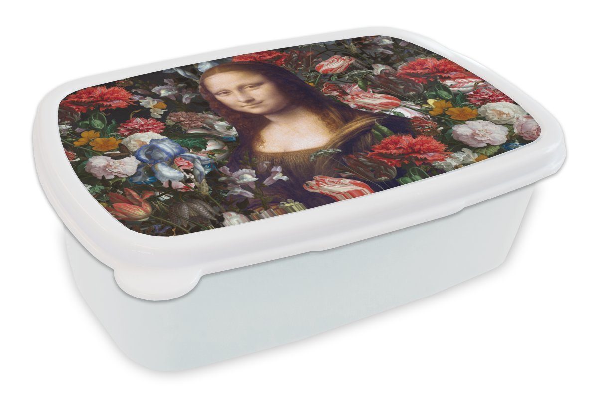 MuchoWow Lunchbox Mona Lisa - Leonardo da Vinci - Blumen, Kunststoff, (2-tlg), Brotbox für Kinder und Erwachsene, Brotdose, für Jungs und Mädchen weiß