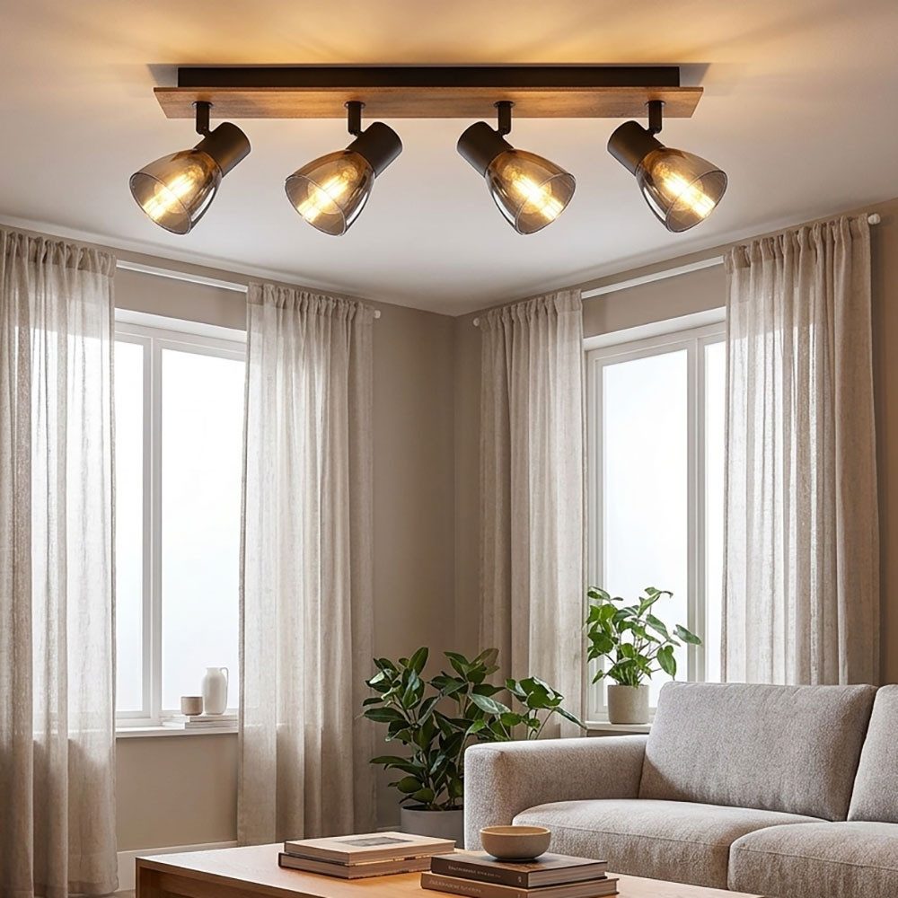 GLOBO LIGHTING Deckenspot, Leuchtmittel nicht inklusive, Spotleuchte Deckenlampe 4 Flammig Holz schwarz Rauchglas beweglich
