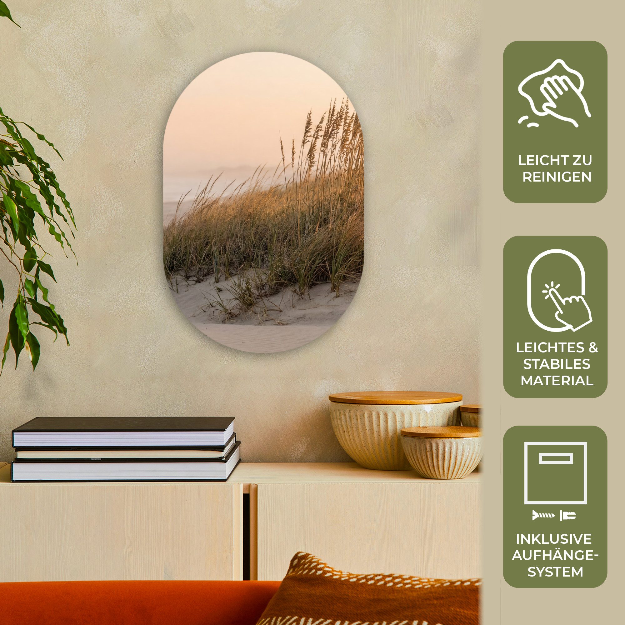 MuchoWow Gemälde Dünenlandschaft - Sonnenuntergang - Strand, Fotodruck (1 St), Wandbild Oval, Wohnzimmer oder Schlafzimmer Wanddekoration, 40x60 cm