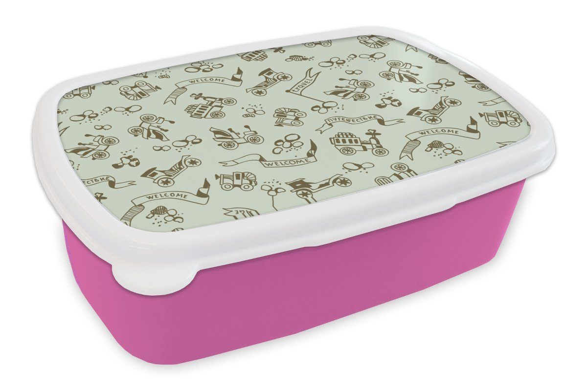 MuchoWow Lunchbox Jahrgang - Auto - Oldtimer - Junge - Muster, Kunststoff, (2-tlg), Brotbox für Erwachsene, Brotdose Kinder, Snackbox, Mädchen, Kunststoff rosa