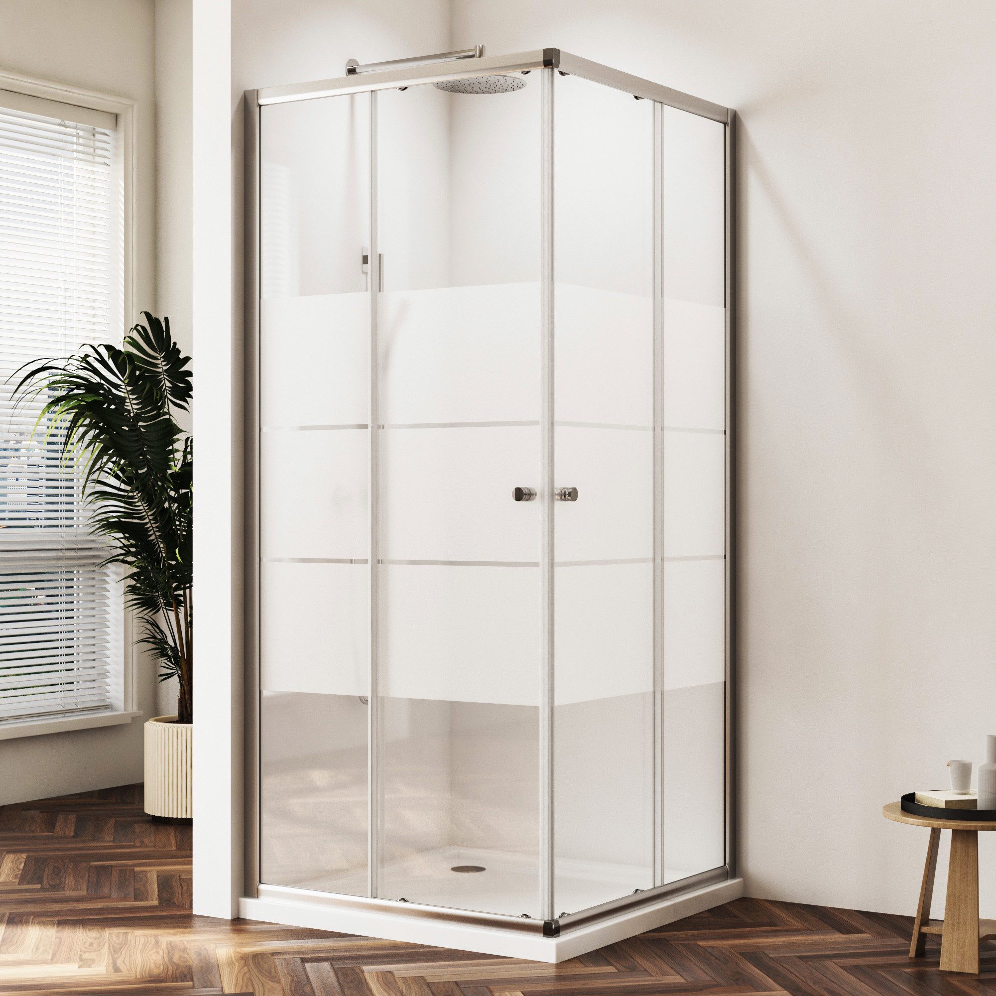 Hopibath Eckdusche Duschkabine Schiebetür milchglas H:185cm, BxT: 80x80 cm, 5mm Sicherheitsglas, Duschwand, 16 Türrollen, Rechts-und Links montierbar