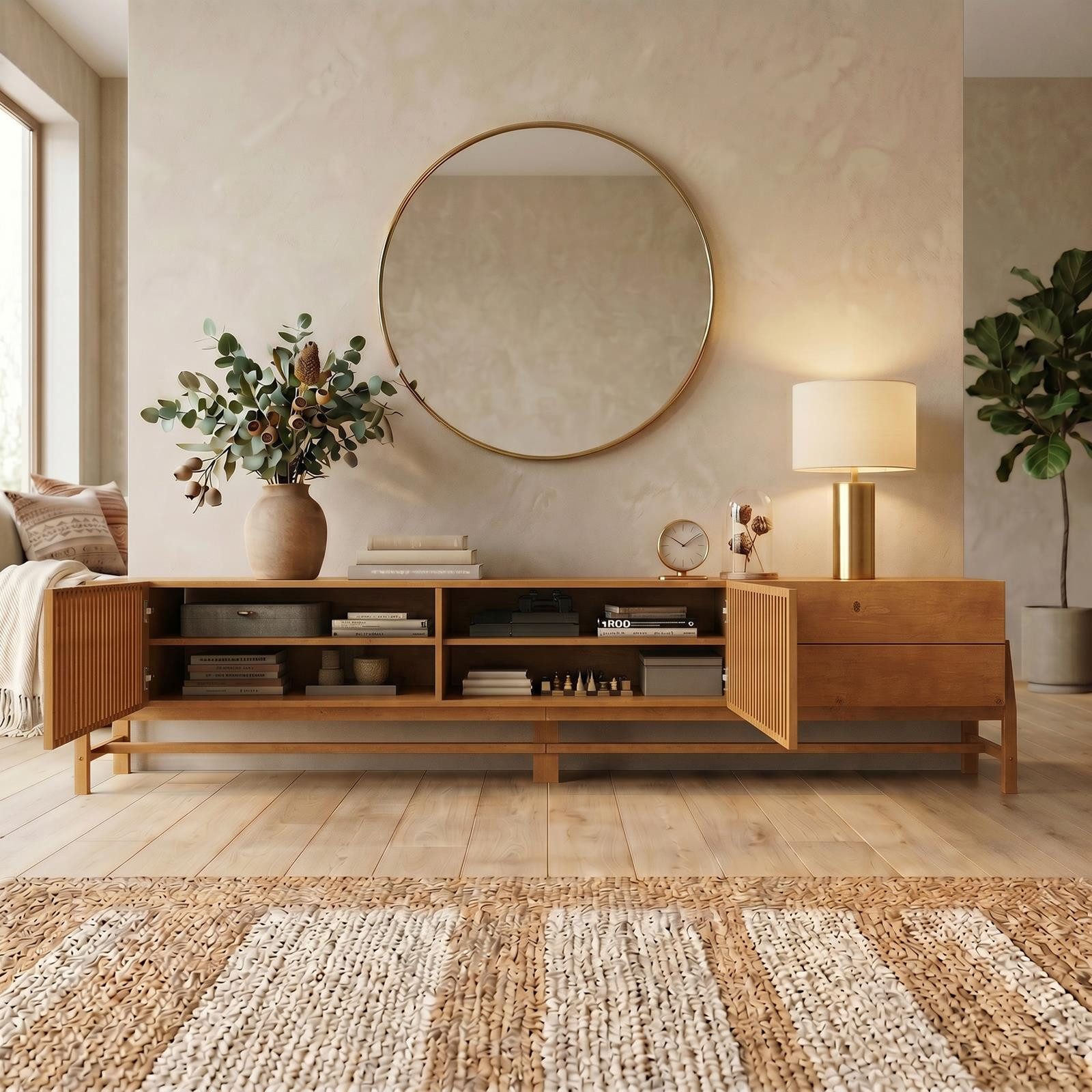 IDIMEX Lowboard ADAMO, Sideboard 220cm aus Massivholz mit Lamellentüren Eiche Finish