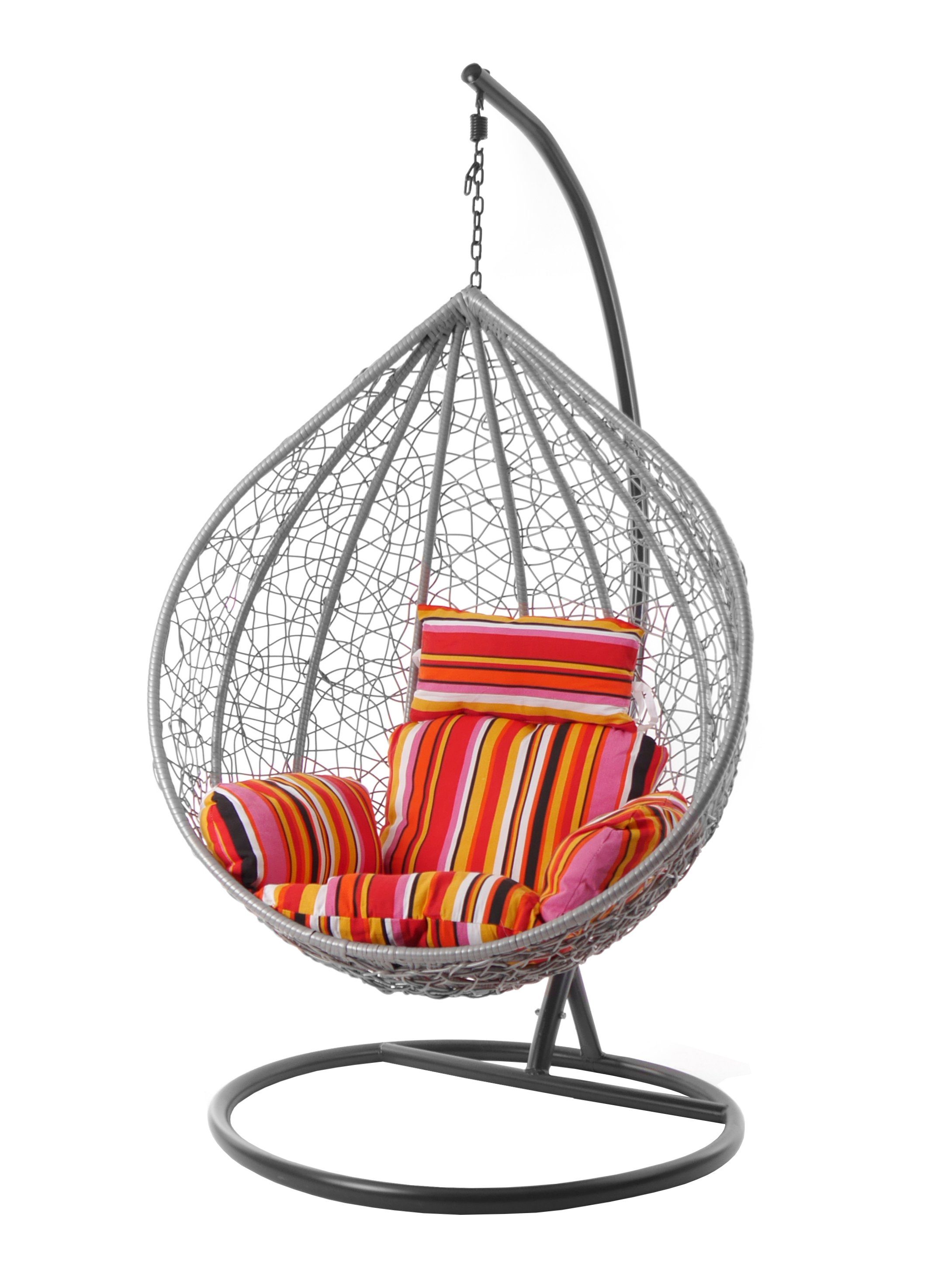 KIDEO Hängesessel Hängesessel MANACOR hellgrau, Schwebesessel inklusive Gestell und Kissen, hellgrauer Hängesitz, Swing Chair, moderner Loungesessel, Nest-Kissen bunt gestreift (3450 lollipop)