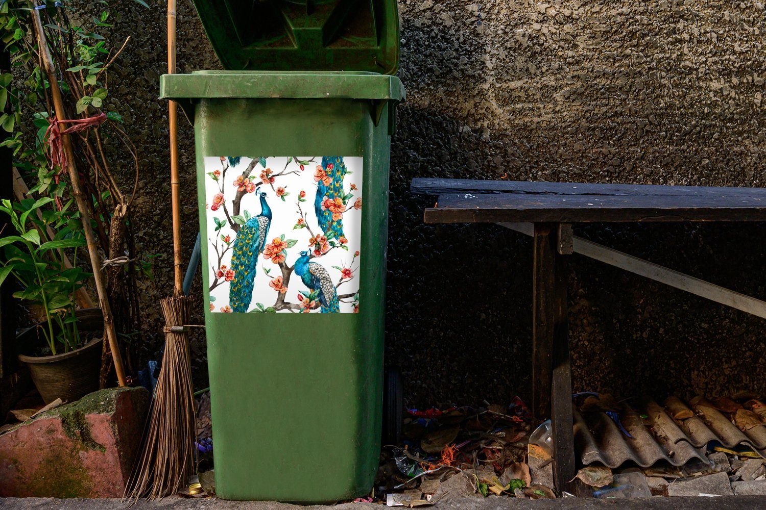 Abfalbehälter - MuchoWow Container, Blüte Sticker, Muster - Mülltonne, Wandsticker St), (1 Mülleimer-aufkleber, Pfau