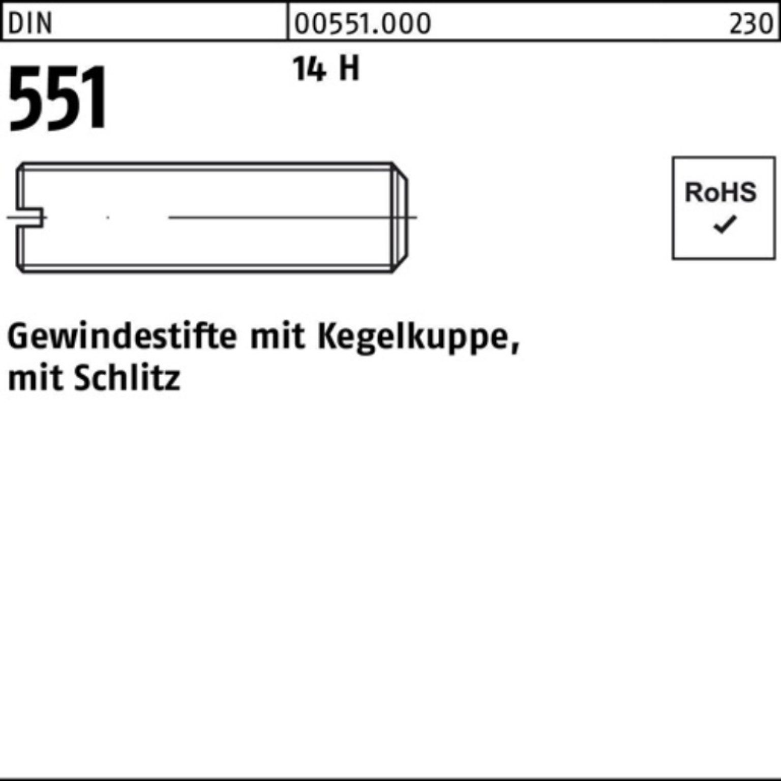 Reyher Gewindebolzen 1000er Pack Gewindestift DIN 551 Kegelkuppe/Schlitz M5x 10 14 H 1000 S