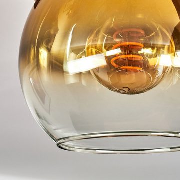 hofstein Deckenleuchte Deckenlampe aus Metall/Holz/Glas in Schwarz/Natur/Goldfarben/Klar, ohne Leuchtmittel, Holzbalken 60cm u. Glaskugeln Ø15cm, 3x E27, ohne Leuchtmittel