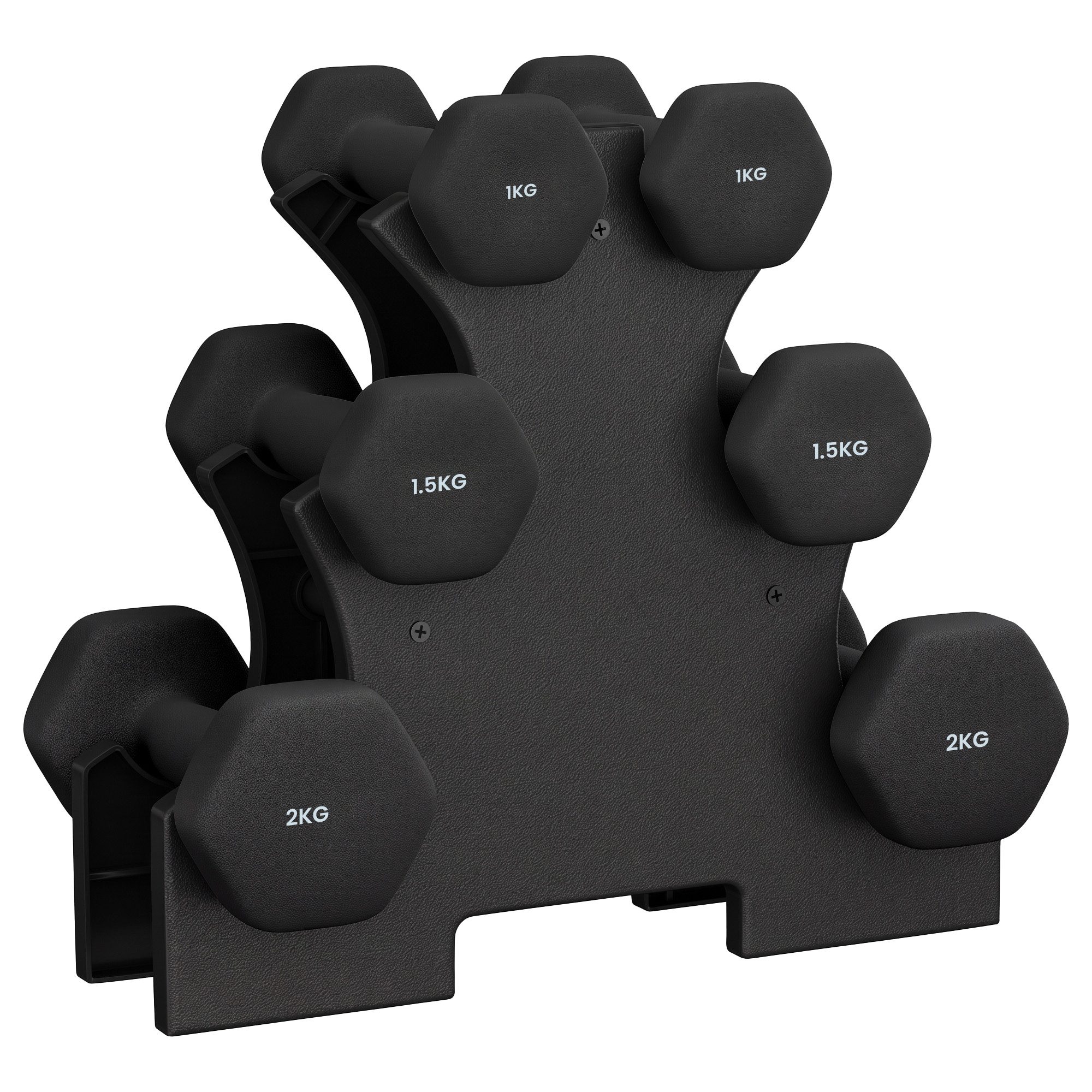 SONGMICS Hantel-Set Kurzhantel Set, 2 x 1 kg, 2 x 1,5 kg, 2 x 2 kg, Krafttraining, Hause, Hexagon, mit Hantelständer, Neopren-Beschichtung, schwarz