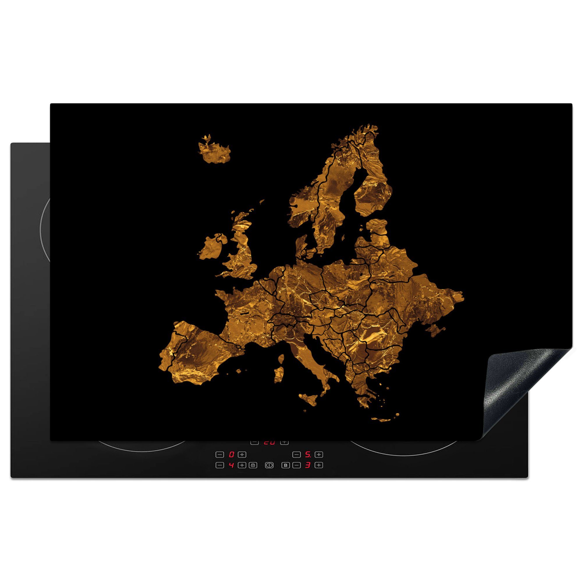 MuchoWow Herdblende-/Abdeckplatte Karte von Europa - Marmor - Gold, Vinyl, (1 tlg), 81x52 cm, Induktionskochfeld Schutz für die küche, Ceranfeldabdeckung