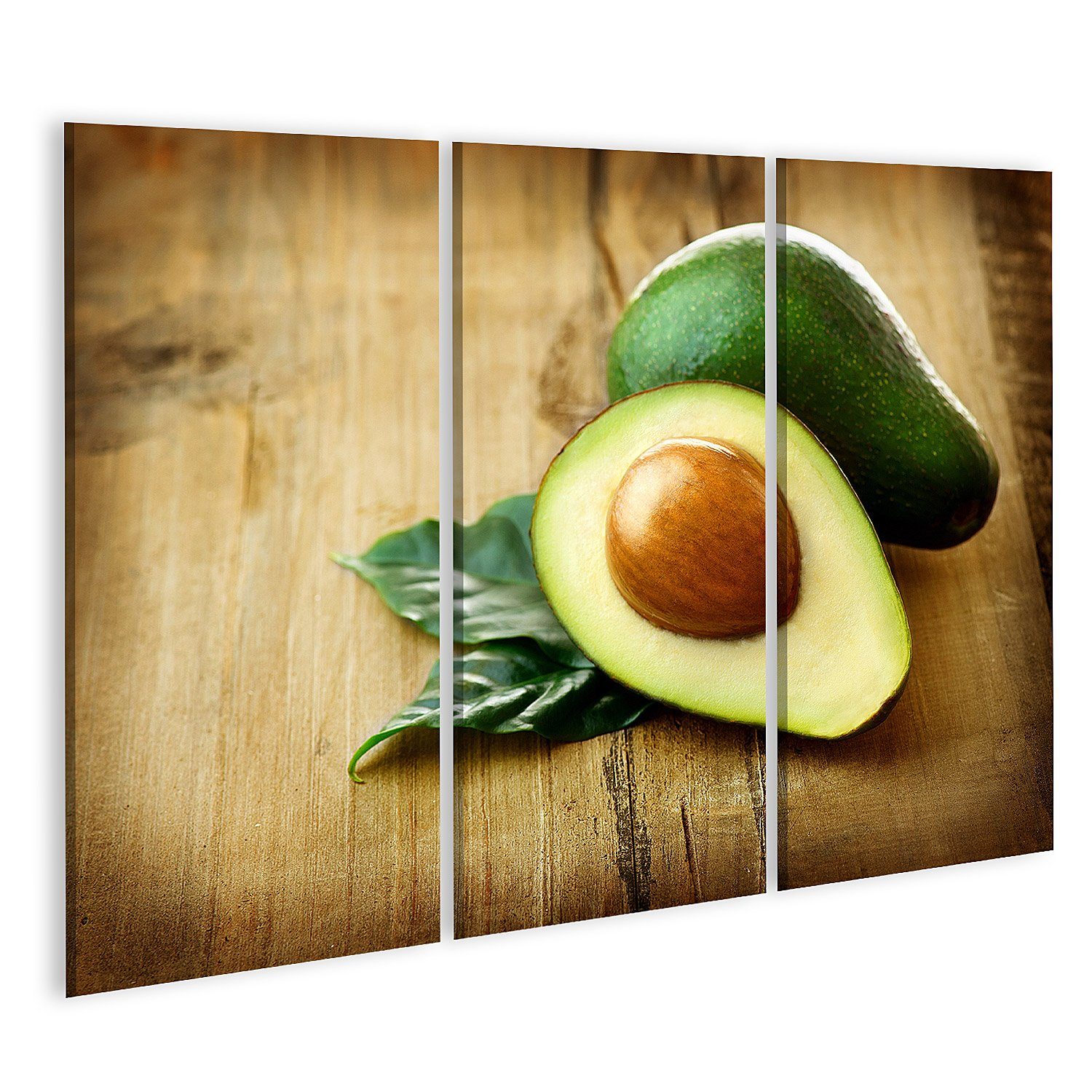 islandburner Leinwandbild Bild auf Leinwand Avocado Bio Avocados Mit Blättern Auf Einem Holztisc