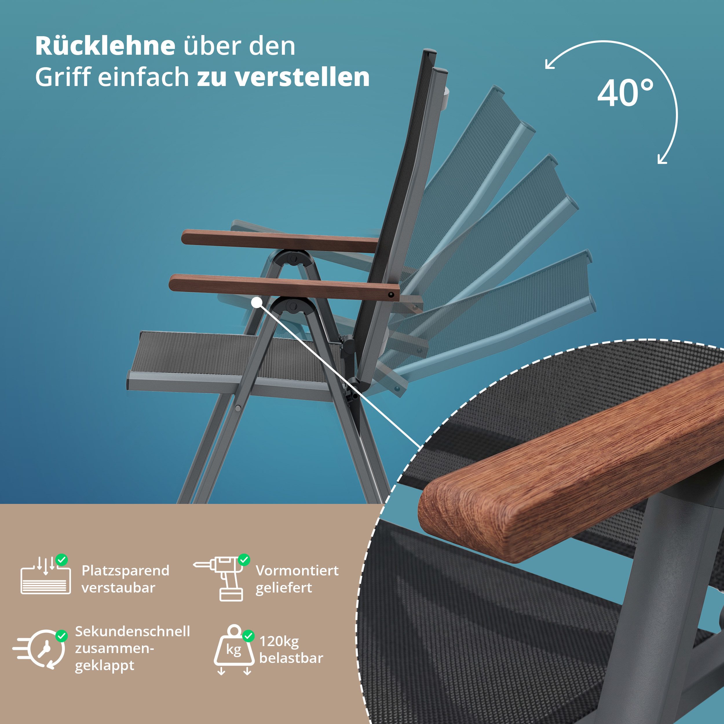 KHG Gartenstuhl Gartenstuhl mit Armlehnen Anthrazit klappbar, bis 120 kg belastbar (Outdoor Klappstuhl mit verstellbarer Rückenlehne), Aluminiumgestell mit Text – Bild 5 von 5