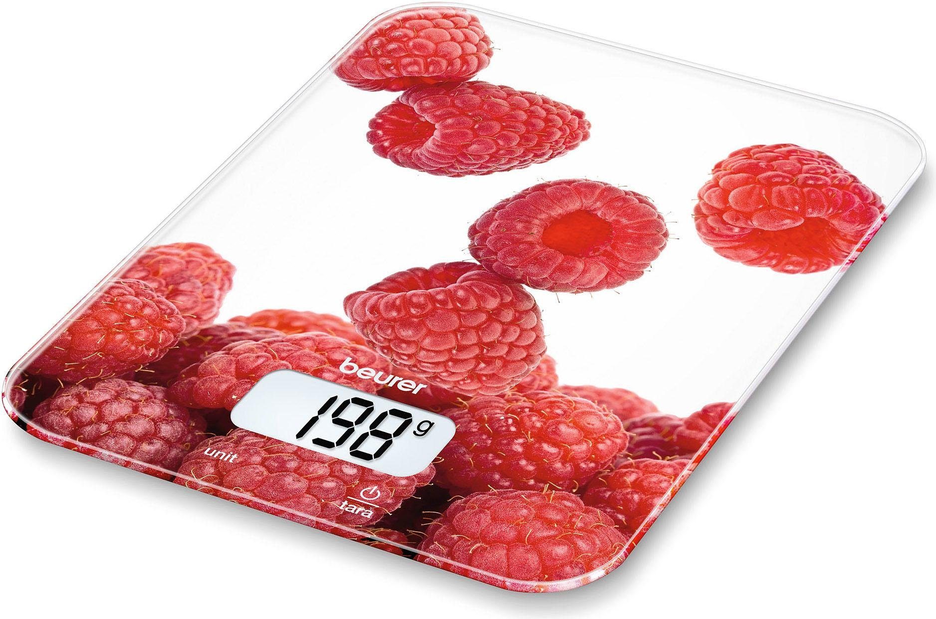 BEURER Küchenwaage KS 19, mit Beerenmotiv, Tragkraft bis 5 kg, mit Tara-Zuwiegefunktion, Leicht zu reinigende Glasoberfläche, Sensortastenbedienung