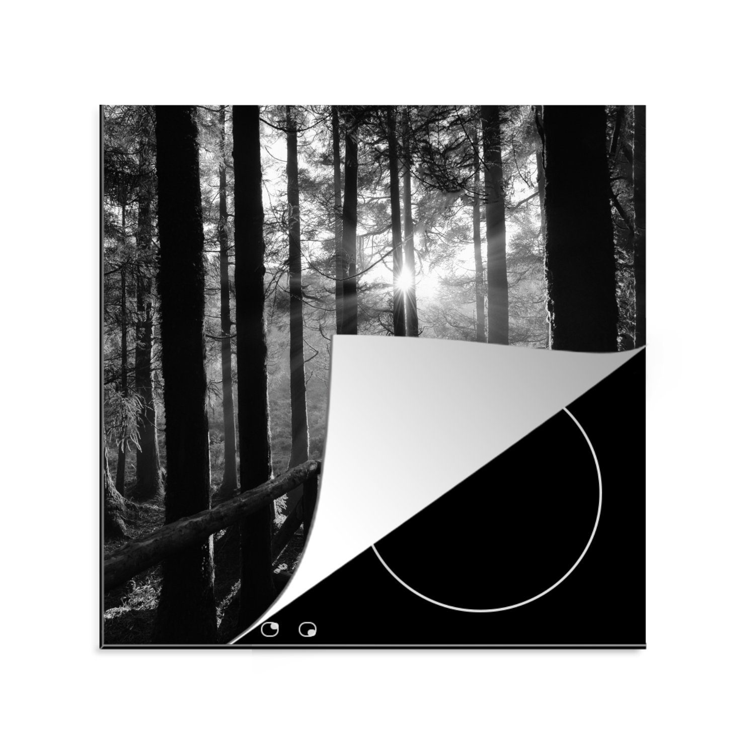 MuchoWow Herdblende-/Abdeckplatte Wald - Treppe - Azoren - Schwarz - Weiß, Vinyl, (1 tlg), 78x78 cm, Ceranfeldabdeckung, Arbeitsplatte für küche | Herdabdeckplatten