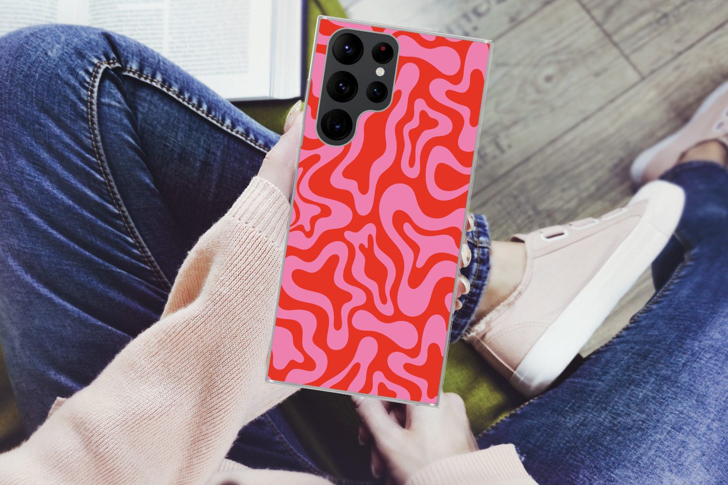 MuchoWow Handyhülle für Samsung Galaxy S22 Ultra Abstrakt - Muster - Rot - Rosa - Minimali, Phone Case, Silikon, Schutzhülle Dünn