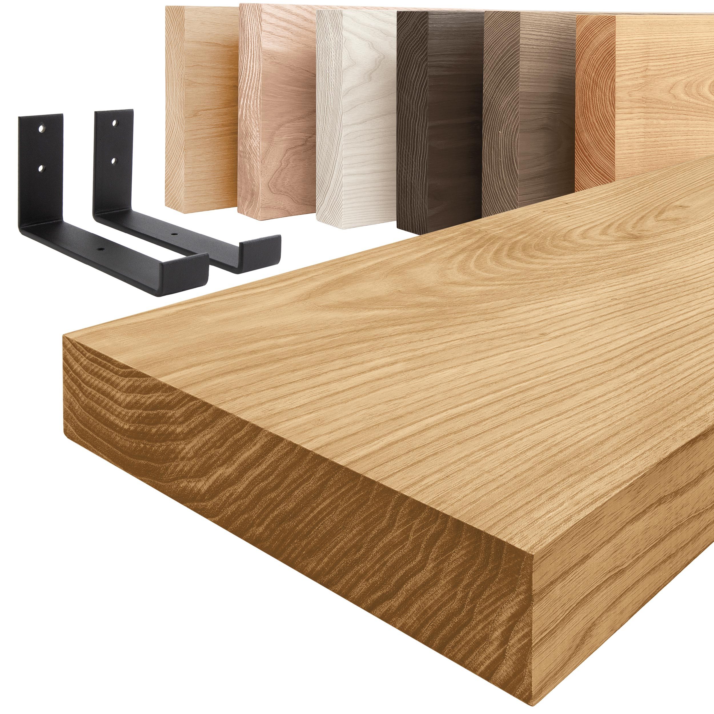 LAMO Manufaktur Wandregal Holz Gerade Regal Farbe: Rustikal mit schwarzem Industrial 40 cm, Komplett-Set, 40mm stake Massivholzplatte