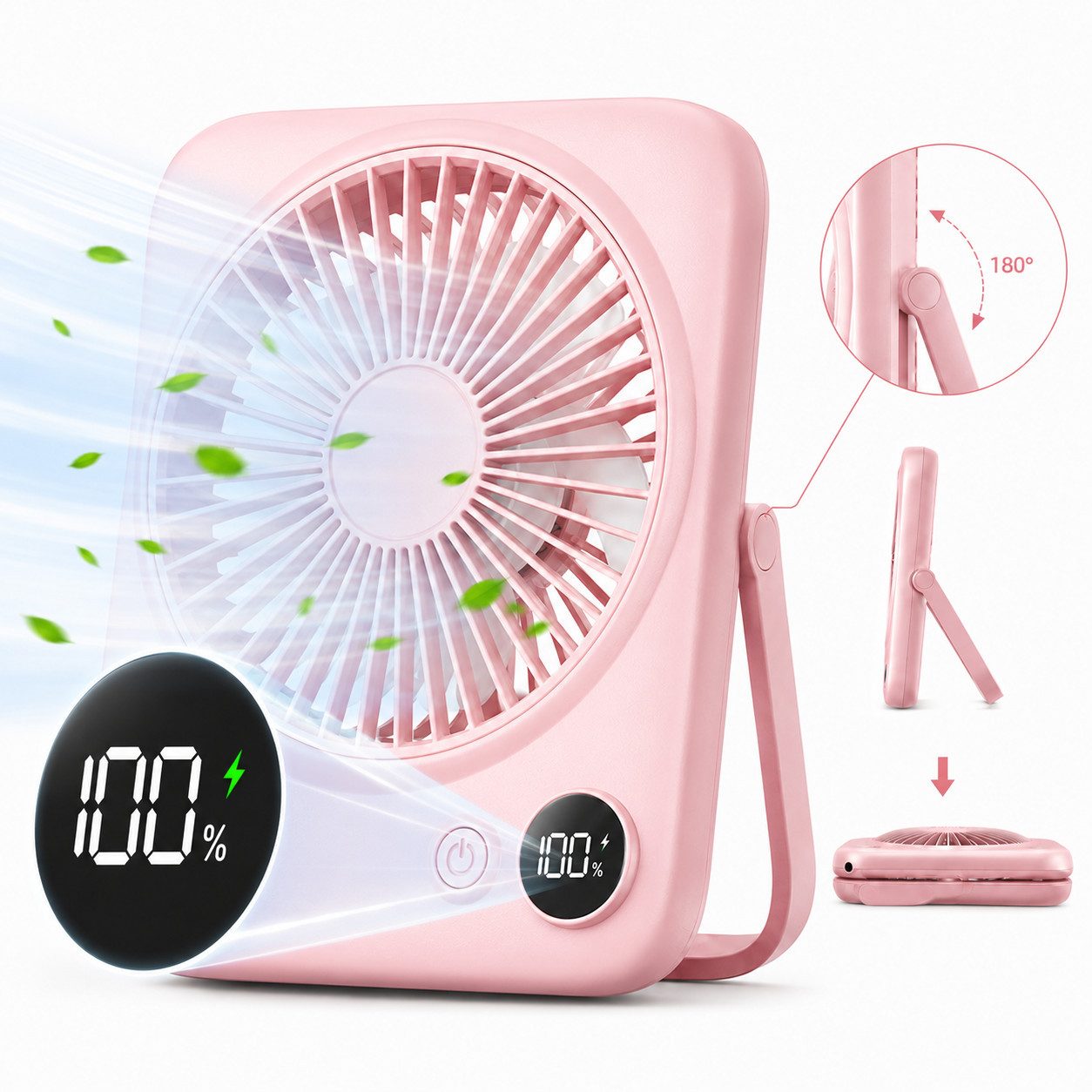 MOPUEA Tischventilator Ventilator Camping Tragbar, Ventilator Tisch mit LED-Display, 180° Klappbarer USB Lüfter Klein für Büro, Schlafzimmer, Reisen