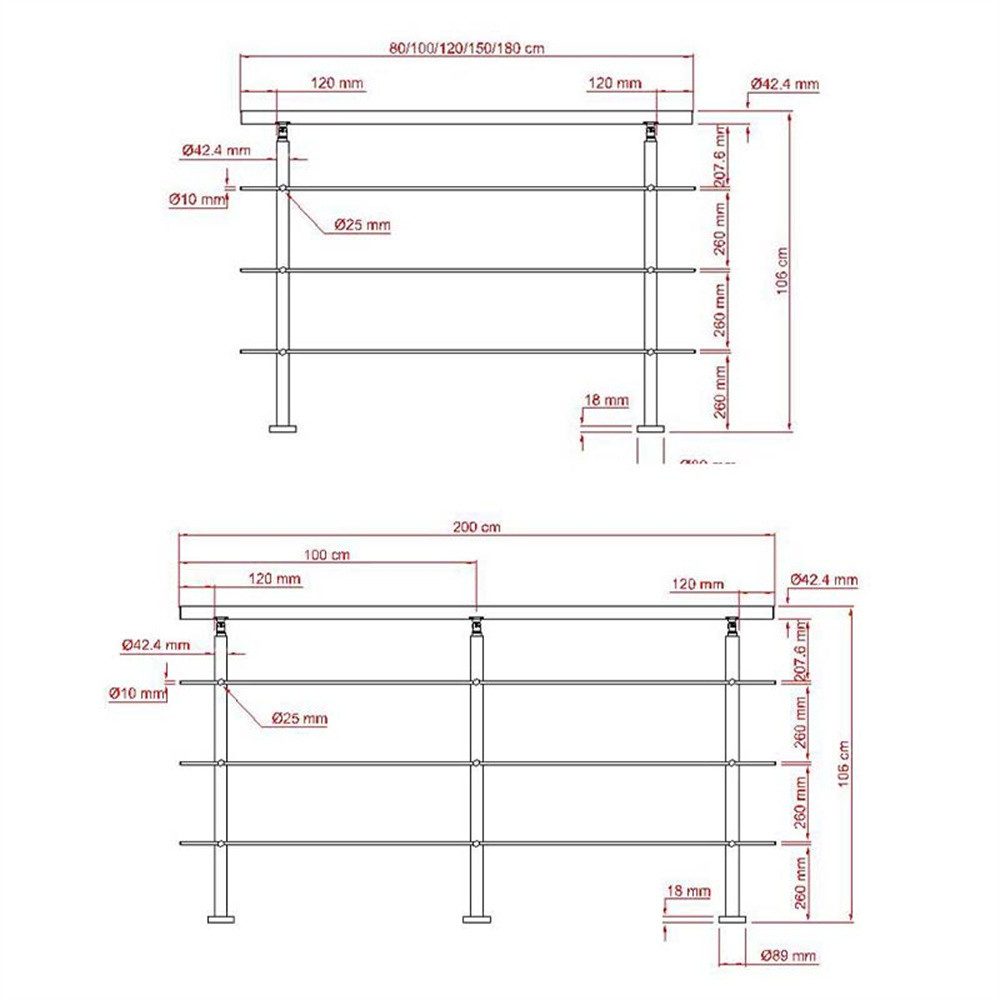 AICA Treppengeländer Edelstahl Material Handläufe 3/5 guardrails Treppe Geländer, 80 cm Länge, 106 cm Höhe, Set, 3-tlg., 201 Edelstahl