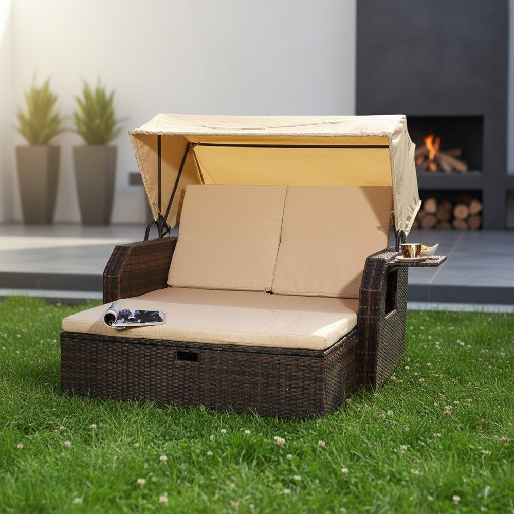 Feel2Home Strandkorb Strandkorb Braun Garten Sonnendach Sonnenliege Sonnenbett Polyrattan, BxTxH: 145x143x130 cm, Sonnenschutzdach