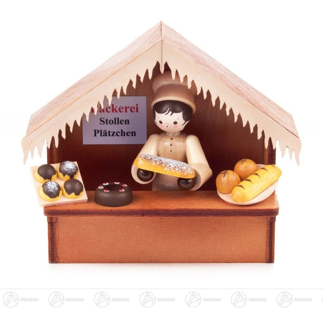 Dregeno Erzgebirge Weihnachtsfigur Weihnachtliche Miniatur Weihnachtsmarktbude Bäckerei Höhe ca 7,5 cm, Verkaufsstand mit Ware