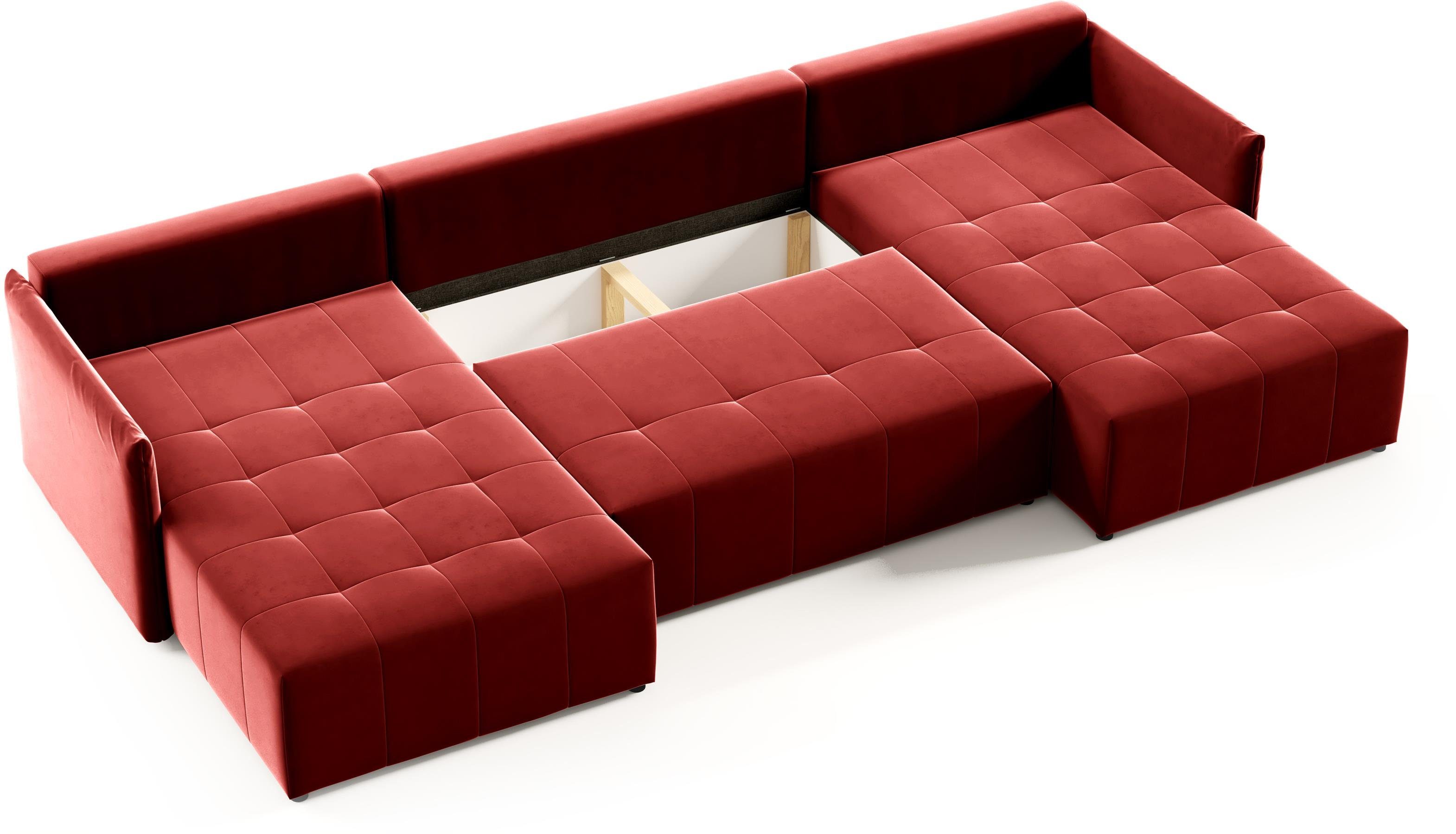 rot Sofa aus Ecksofa NAPOLI mit Schlaffunktion Compleo U-Form, Ecksofa Velourstoff