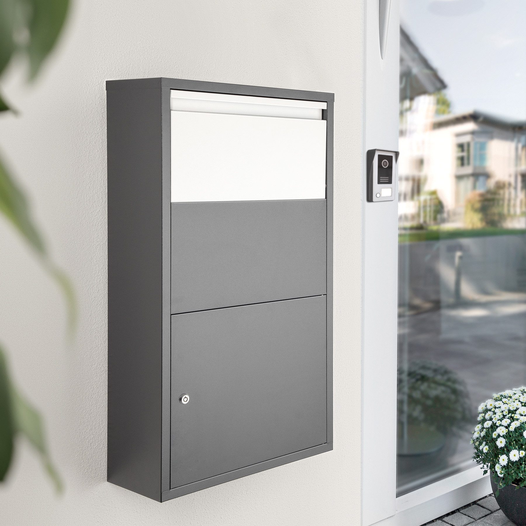 tectake Wandbriefkasten Postbox mit integrierter Rückholsperre, Paketmaße bis 39 x 30 x 12 (Briefkasten Fortress, in anthrazit), Zylinderschloss mit 2 Schlüsseln, zur Wandmontage, aus Stahl
