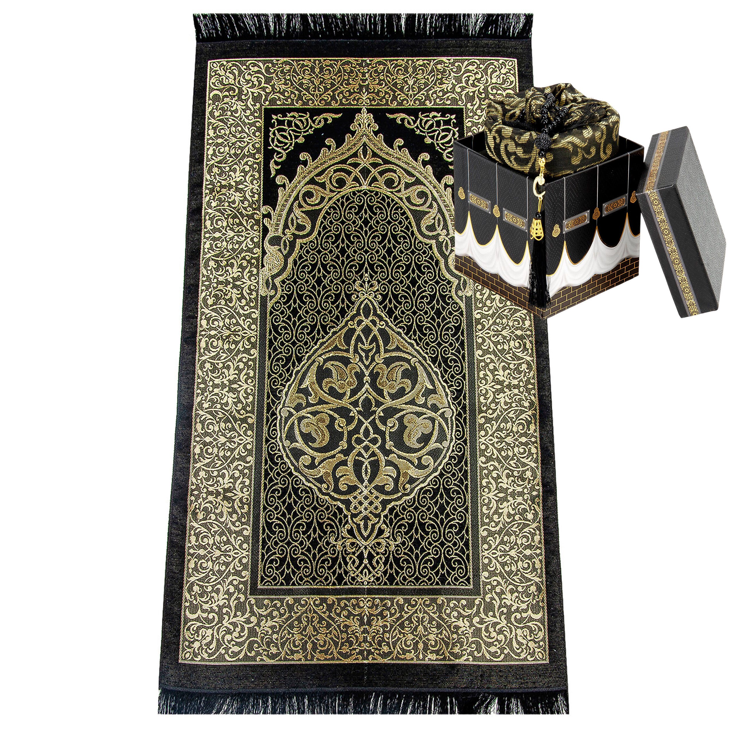 Carpetia Teppich Gebetsteppich Schwarz-Gold mit Kaaba-Geschenkbox & 99er Ge günstig online kaufen