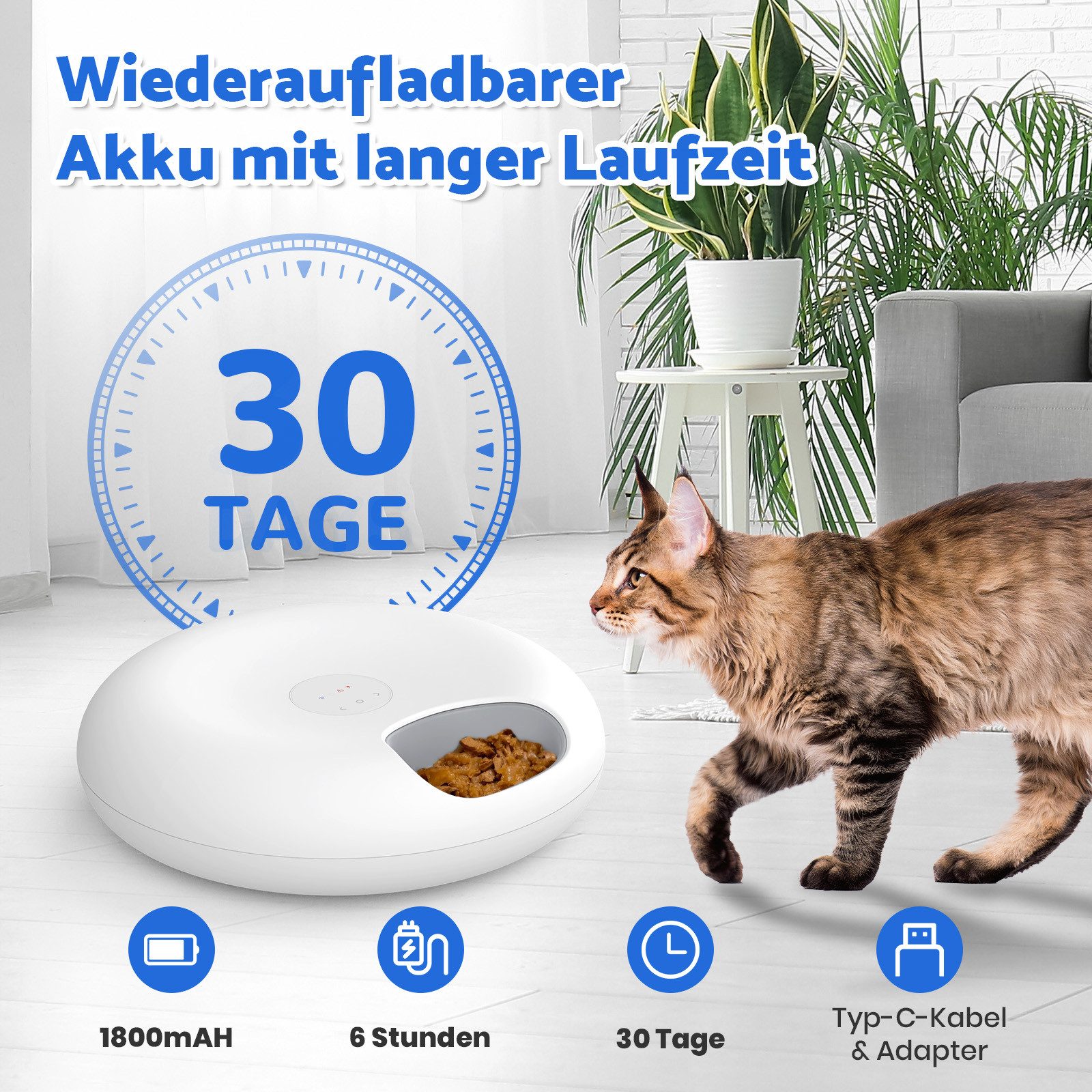 Rebonique Futterautomat Futterautomat Katze Nassfutter 6 Mahlzeiten mit App & Akku, 2 Eisfach, 6 Mahlzeiten, Nass- & Trockenfutter, Bis zu 30 Tage Laufzeit, BPA-frei
