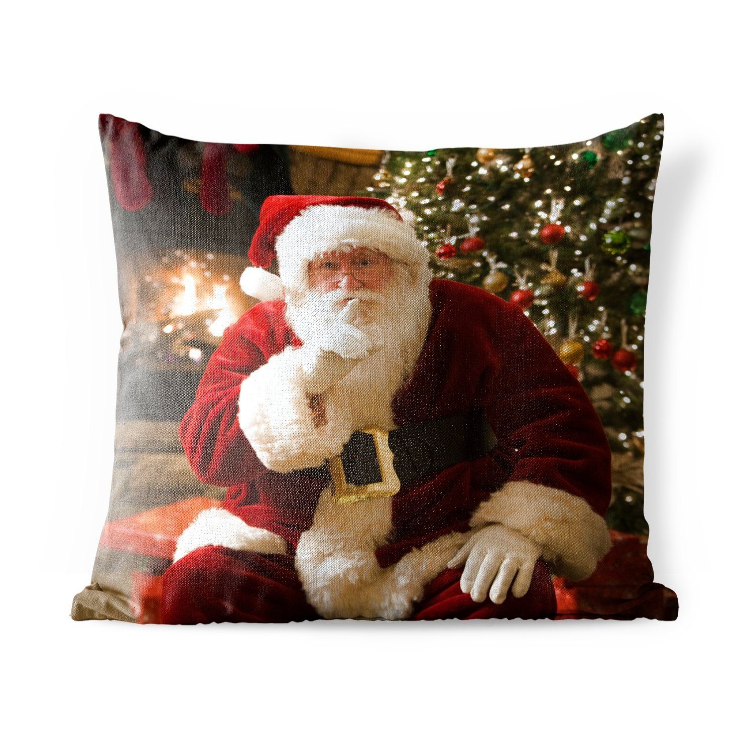 MuchoWow Dekokissen Der Weihnachtsmann mit einem bunten Weihnachtsbaum im Hintergrund, Kissenbezüge, Kissenhülle, Dekokissen, Dekokissenbezug, Outdoor | Dekokissen