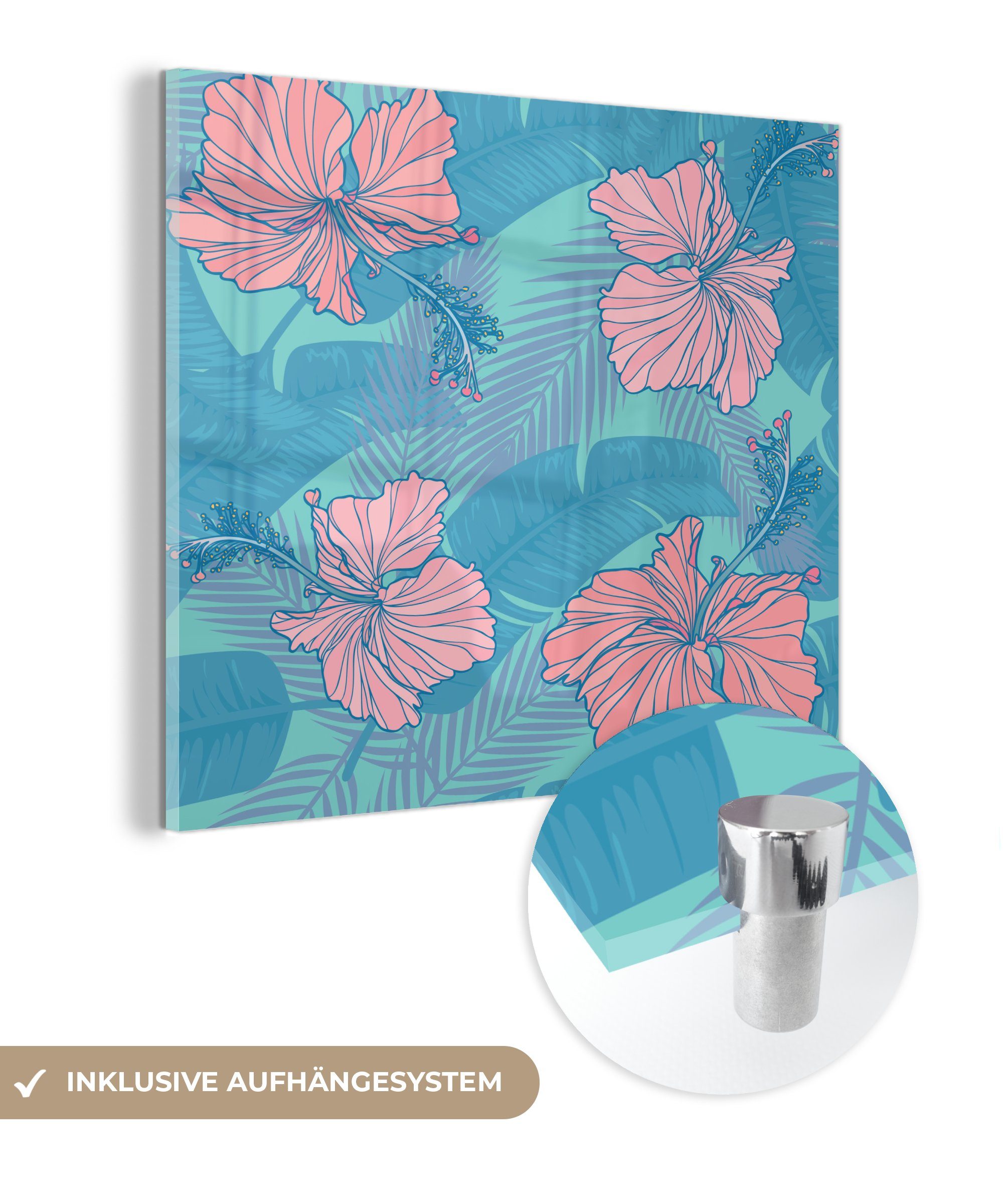 MuchoWow Acrylglasbild Illustration eines tropischen Glas St), Wanddekoration Foto (1 Blumenmusters, - Glas Wandbild - Bilder Glasbilder - auf auf