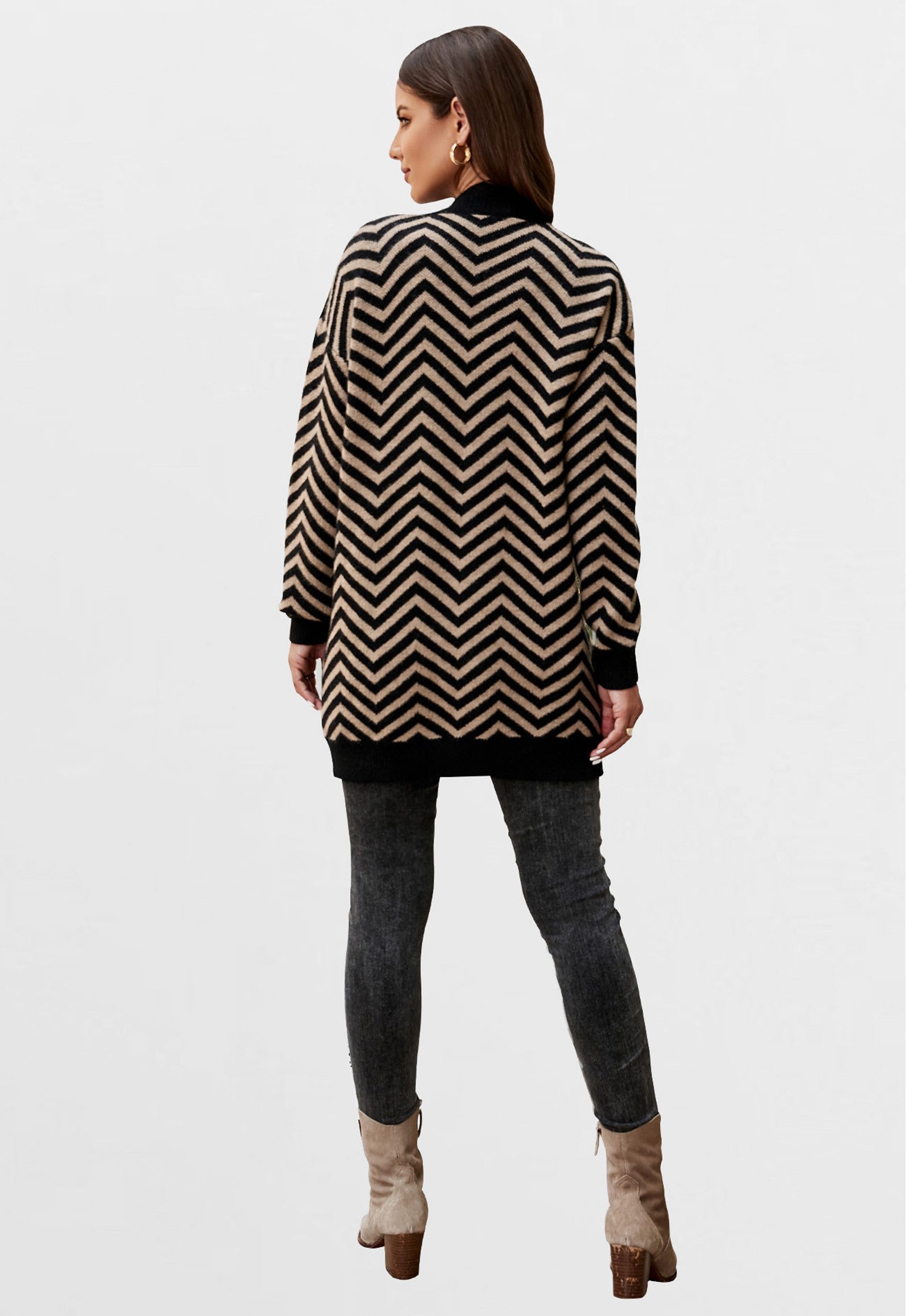 FS Collection Longstrickjacke Damen Longstrickjacke – Weicher, gemütlicher Cardigan mit Relax-Fit (Einheitsgröße: UK 8–16 / EU 36–44) Geometrisches Intarsia-Mus – Bild 4 von 4
