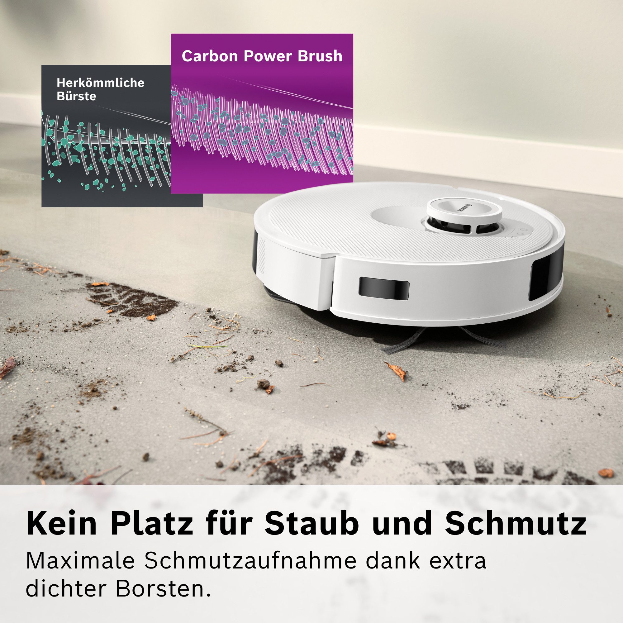 BOSCH Saugroboter Spotless BCRC1W, Saugroboter mit Wischfunktion, 11.000 Pa Saugkraft, 60 W, beutellos, Ladestation, einfache Navigation mit Infrarot-Licht, Carbon Bürste weiß